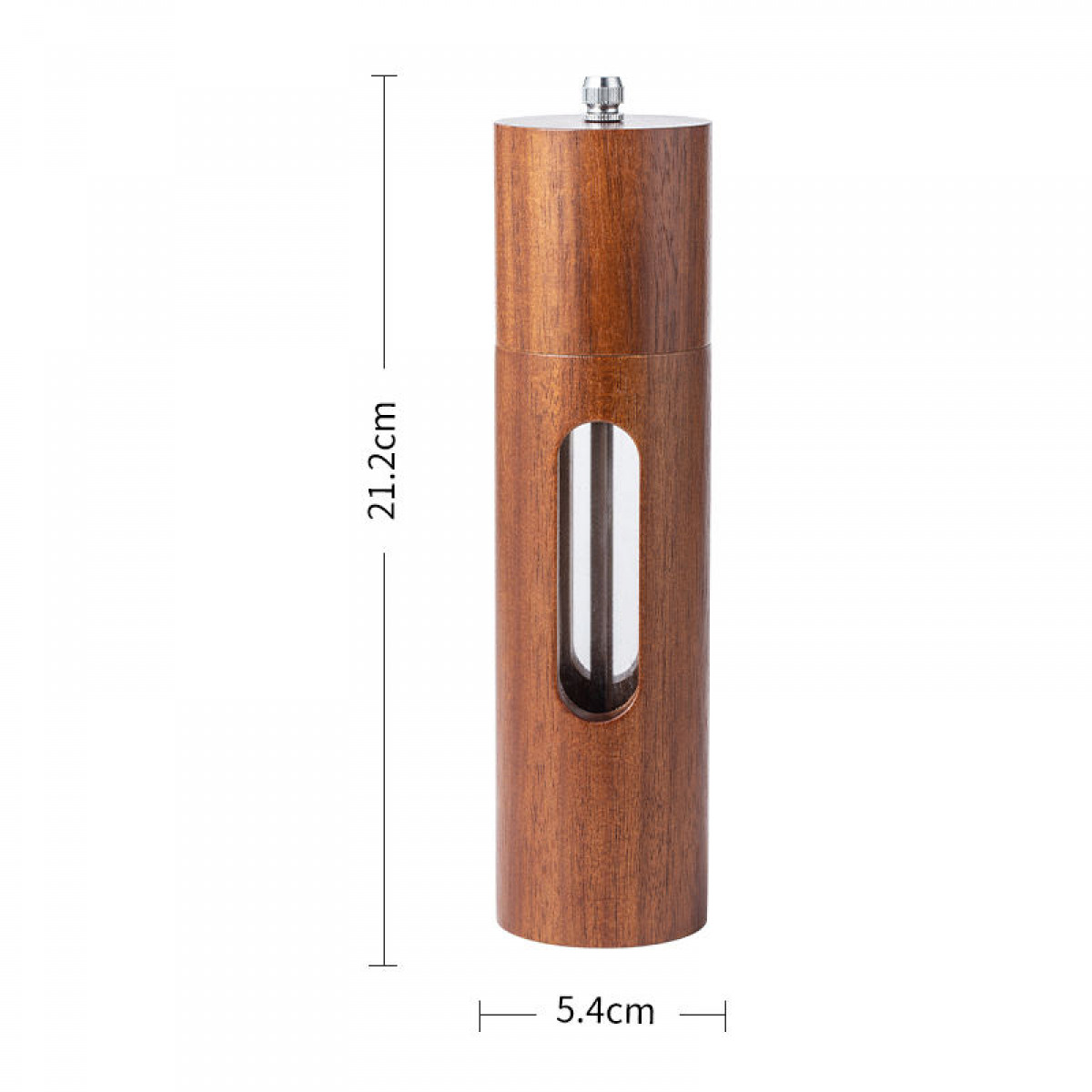 Eine hölzerne Pfeffermühle mit einem klaren Fenster. Die Mühle ist 21,2 cm hoch und 5,4 cm breit. Sie hat eine metallische Oberseite und befindet sich auf weißem Hintergrund.