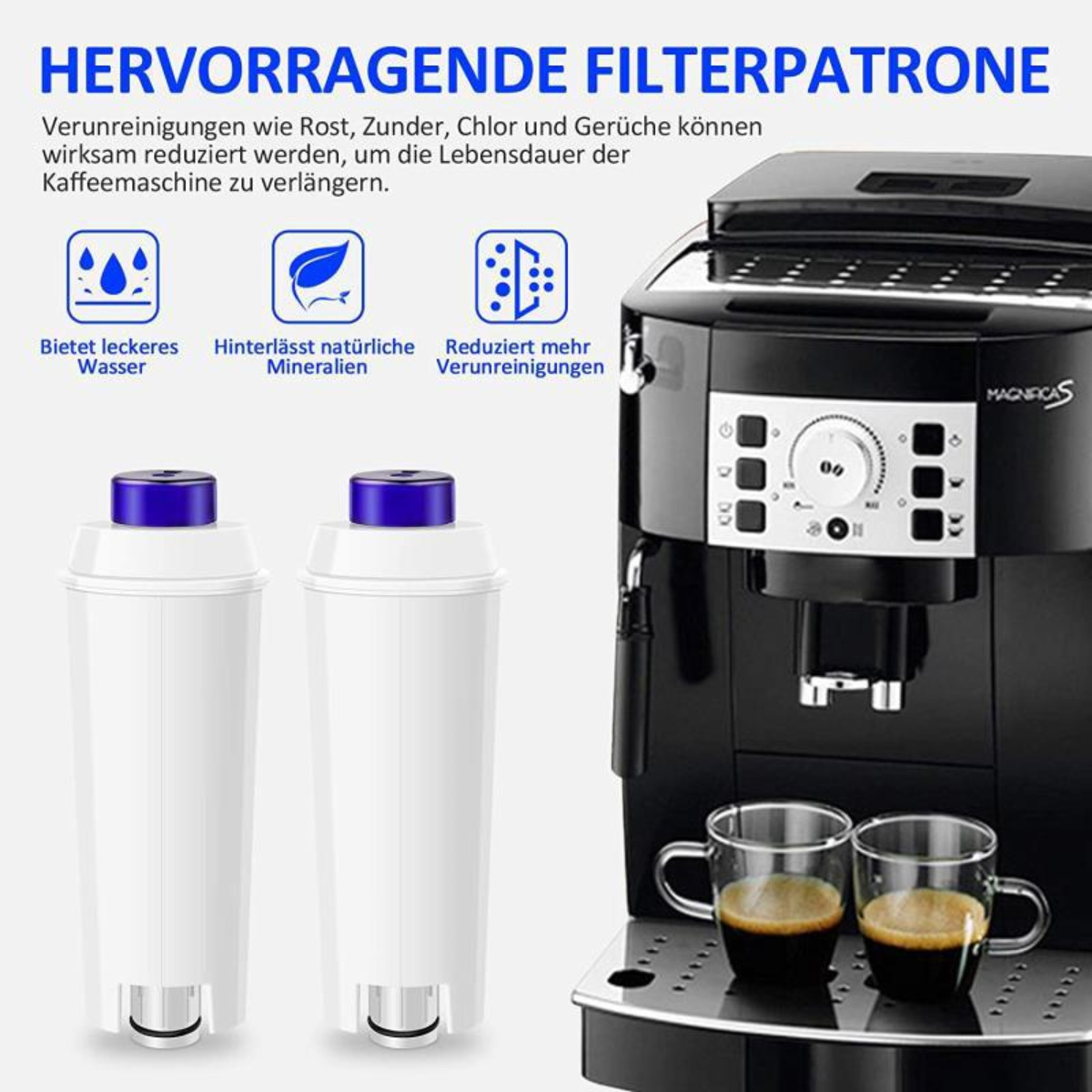 Kaffeemaschine mit zwei Wasserfiltern und zwei Kaffeetassen. Text erwähnt Vorteile des Filters.