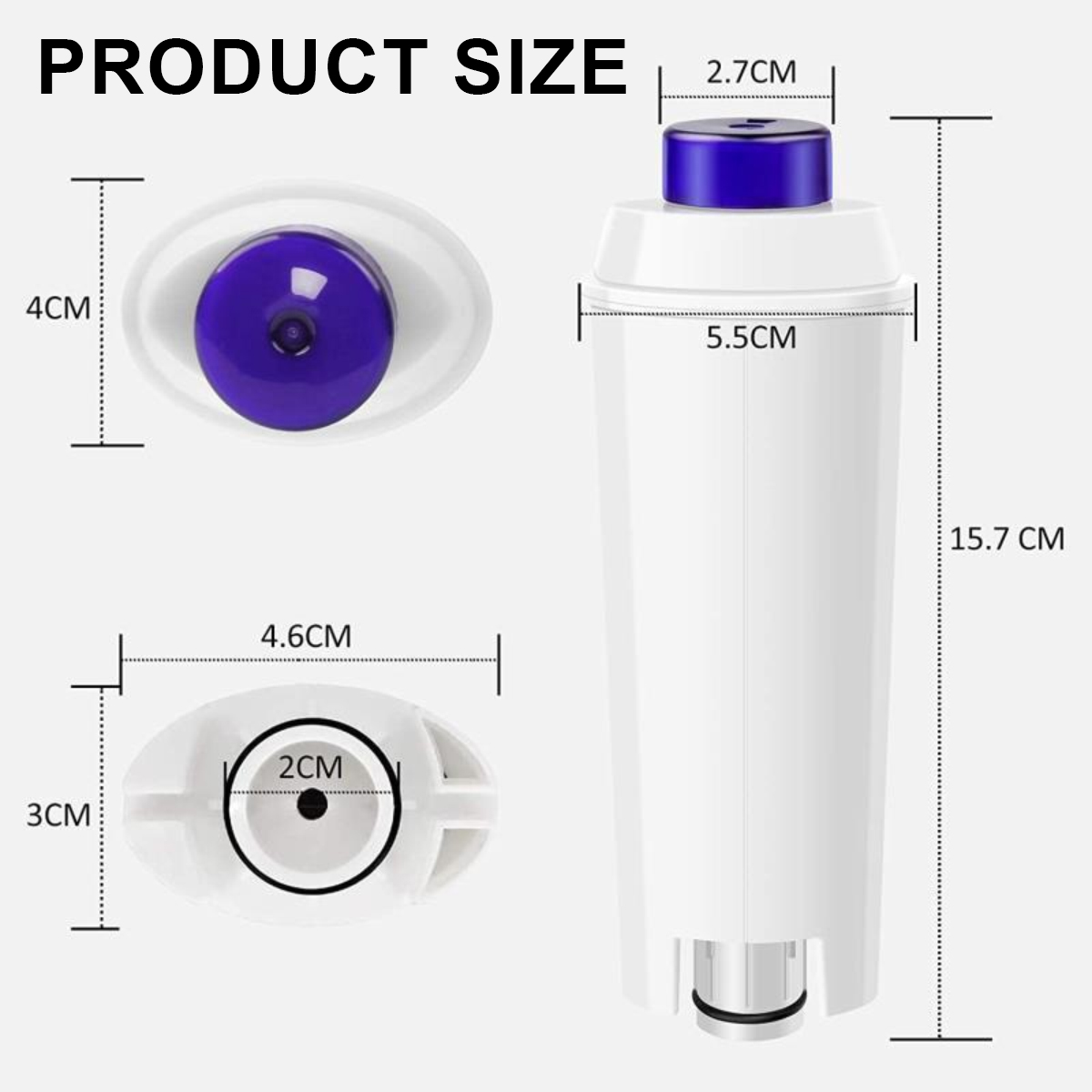 Das Bild zeigt die Produktgröße, einen weißen Filter mit dunkelblauem Deckel und Maßen: 2,7 cm, 5,5 cm, 15,7 cm, 4 cm, 4,6 cm, 3 cm und 2 cm.