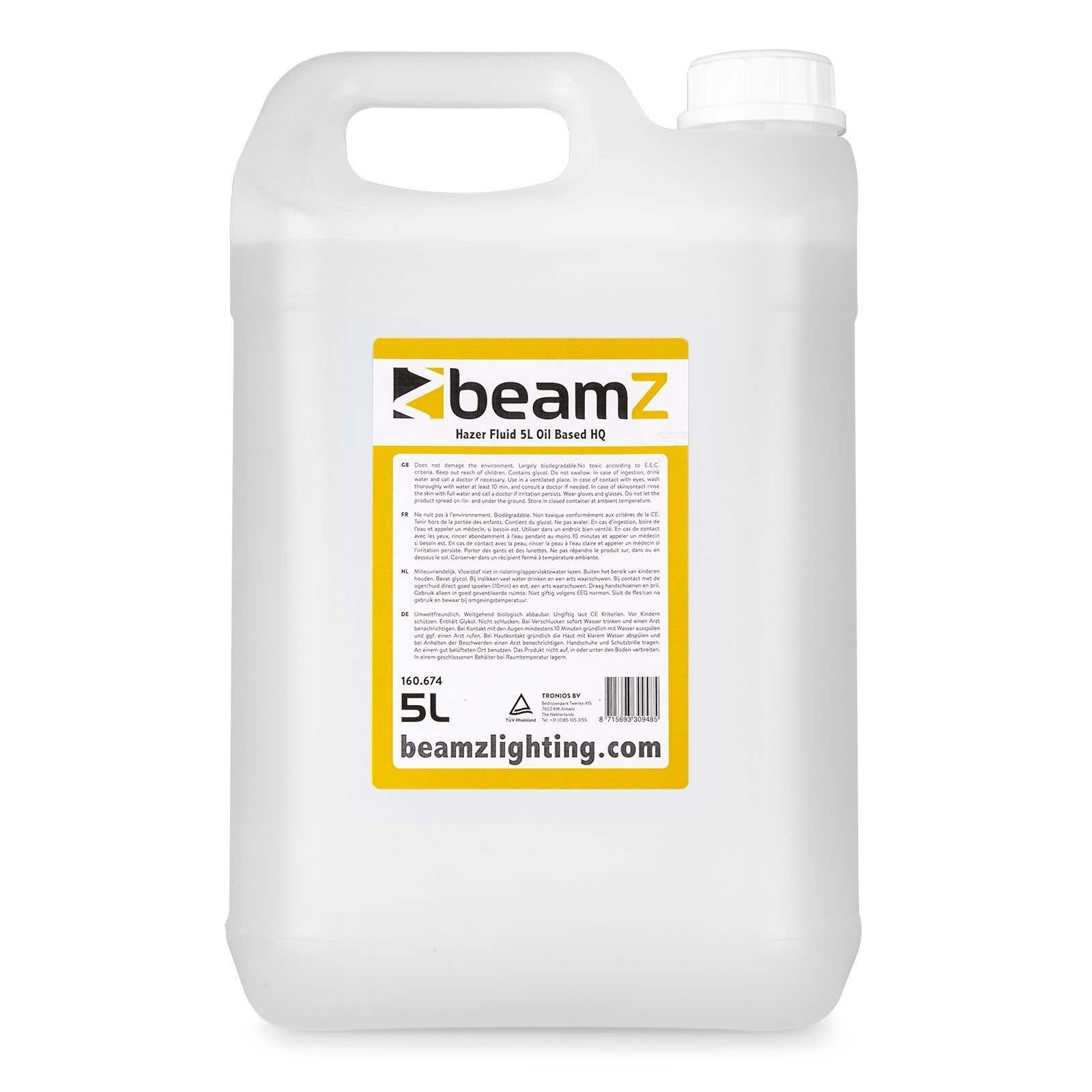 Contenedor blanco de líquido Beamz hazer, texto y logo, sobre fondo blanco.