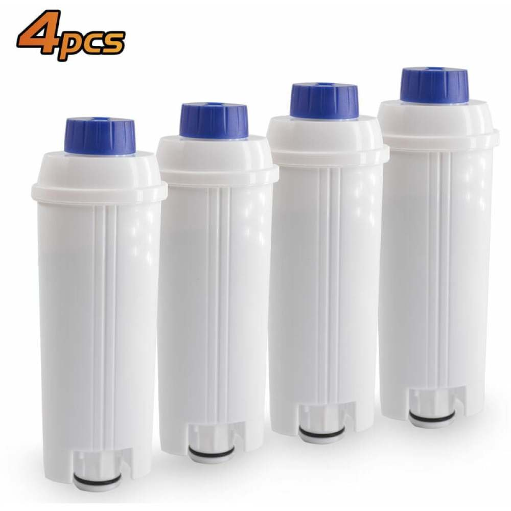Vier weiße Wasserfilter mit blauen Kappen. Der Text '4pcs' befindet sich oben links.