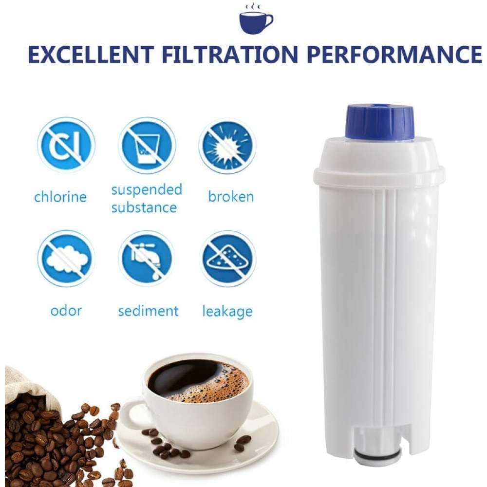 Das Bild zeigt einen Wasserfilter, eine Kaffeetasse, Bohnen und Icons für Filtrationsprobleme. Text lautet 'Hervorragende Filtrationsleistung'.
