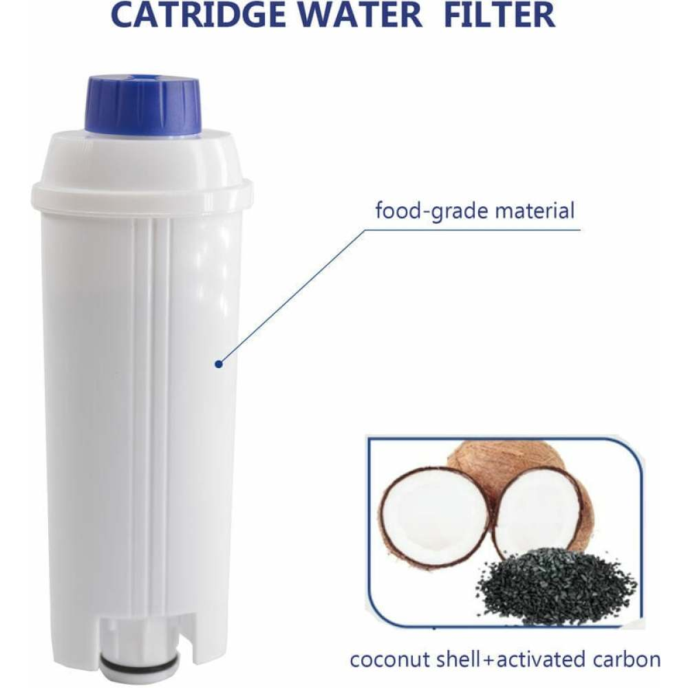 Ein weißer Wasserfilter mit blauem Deckel. Zeigt den Ausdruck 'Material in Lebensmittelqualität'. Außerdem eine Kokosnussschale und Aktivkohle.