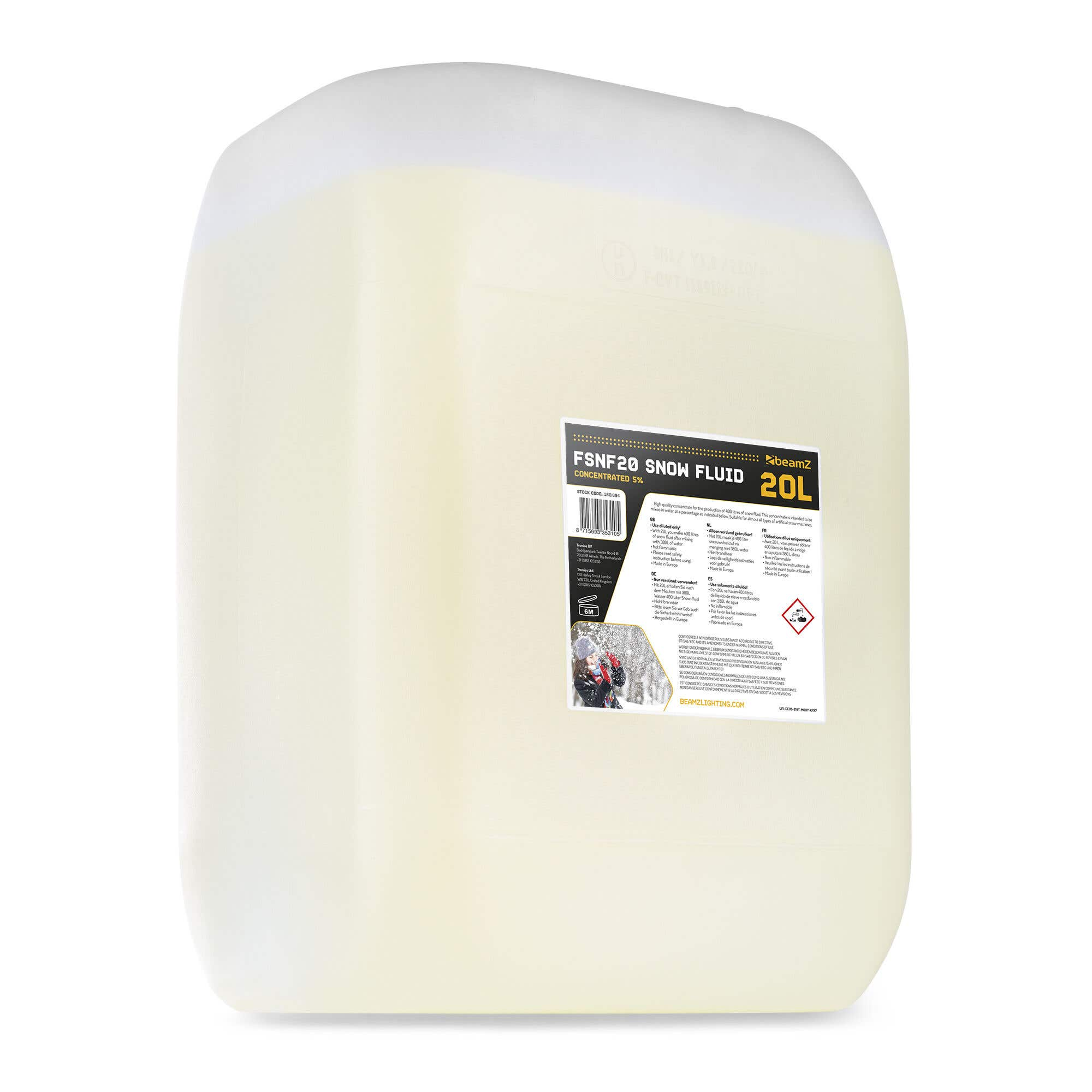 Un gran contenedor blanco de líquido de nieve con una etiqueta del producto. La etiqueta tiene texto e imágenes.