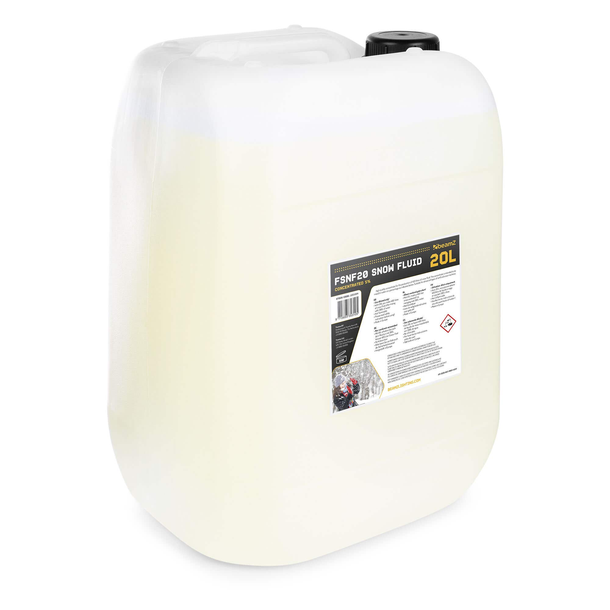Un gran contenedor de plástico blanco con la etiqueta FSNF20 Snow Fluid 20L. Tiene una tapa negra y una etiqueta.