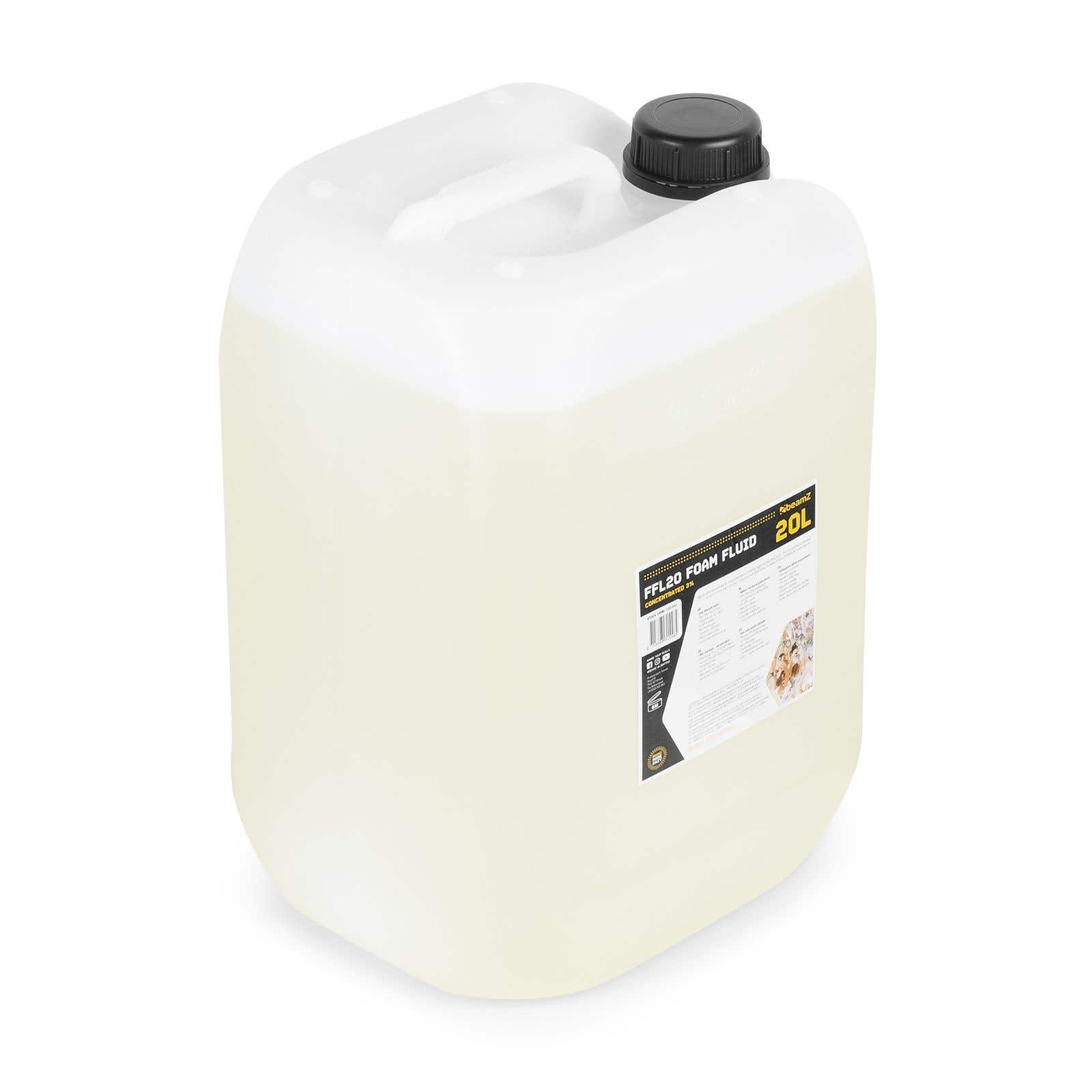 Un contenedor blanco y rectangular con tapa negra. Contiene un líquido amarillo pálido. La etiqueta dice 'FFL20 FOAM FLUID'.