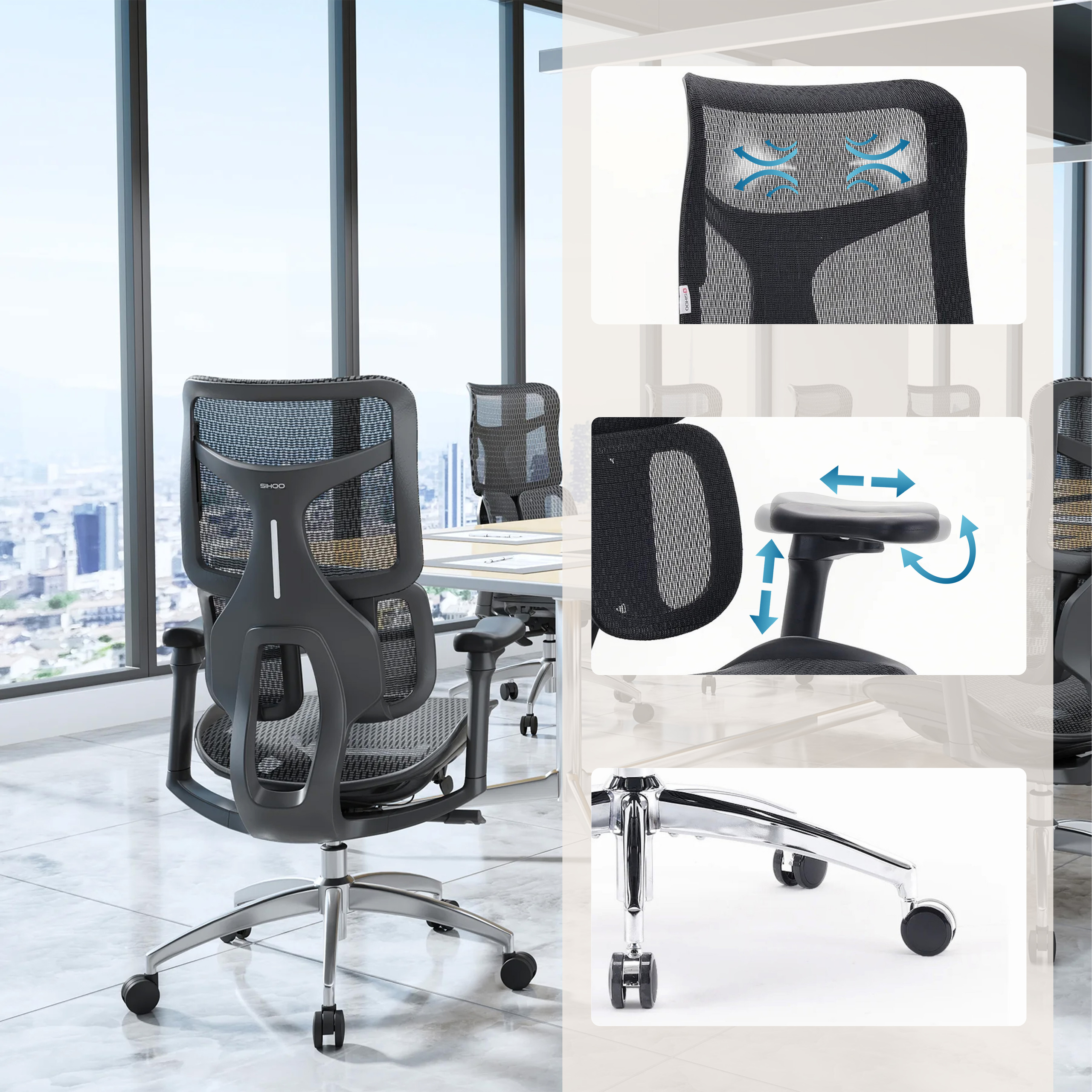 Bürostuhl mit Netzrücken, verstellbarer Armlehne und Sitz. Silbernes Gestell mit Rollen. Detailbilder zeigen Einstellungen.