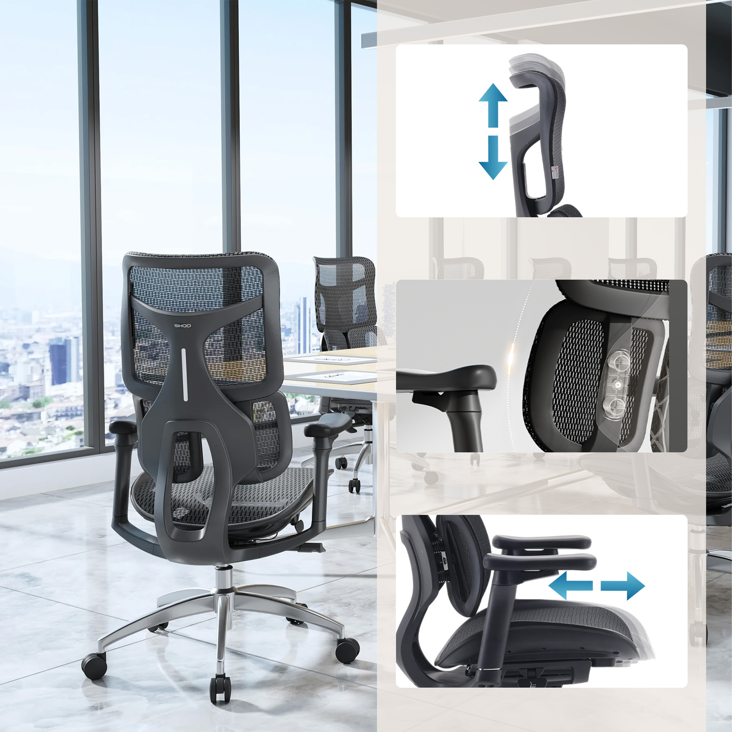 Bürostuhl mit Netzrücken, verstellbaren Armlehnen und Kopfstütze. Der Stuhl ist schwarz und hat Rollen. Stadtblick im Hintergrund.