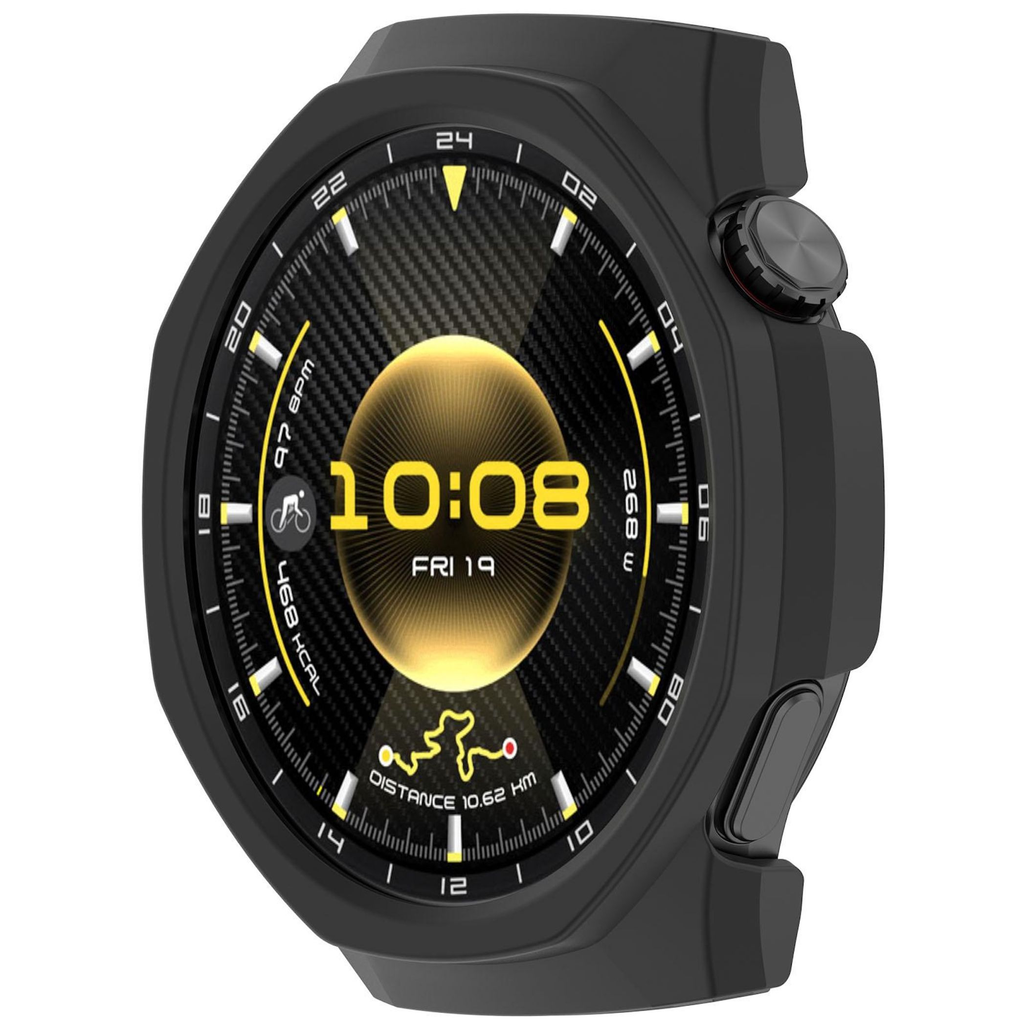 Eine schwarze Smartwatch zeigt Zeit, Datum und Fitnessdaten wie Distanz und Kalorien an. Sie hat einen Kohlefaserhintergrund.