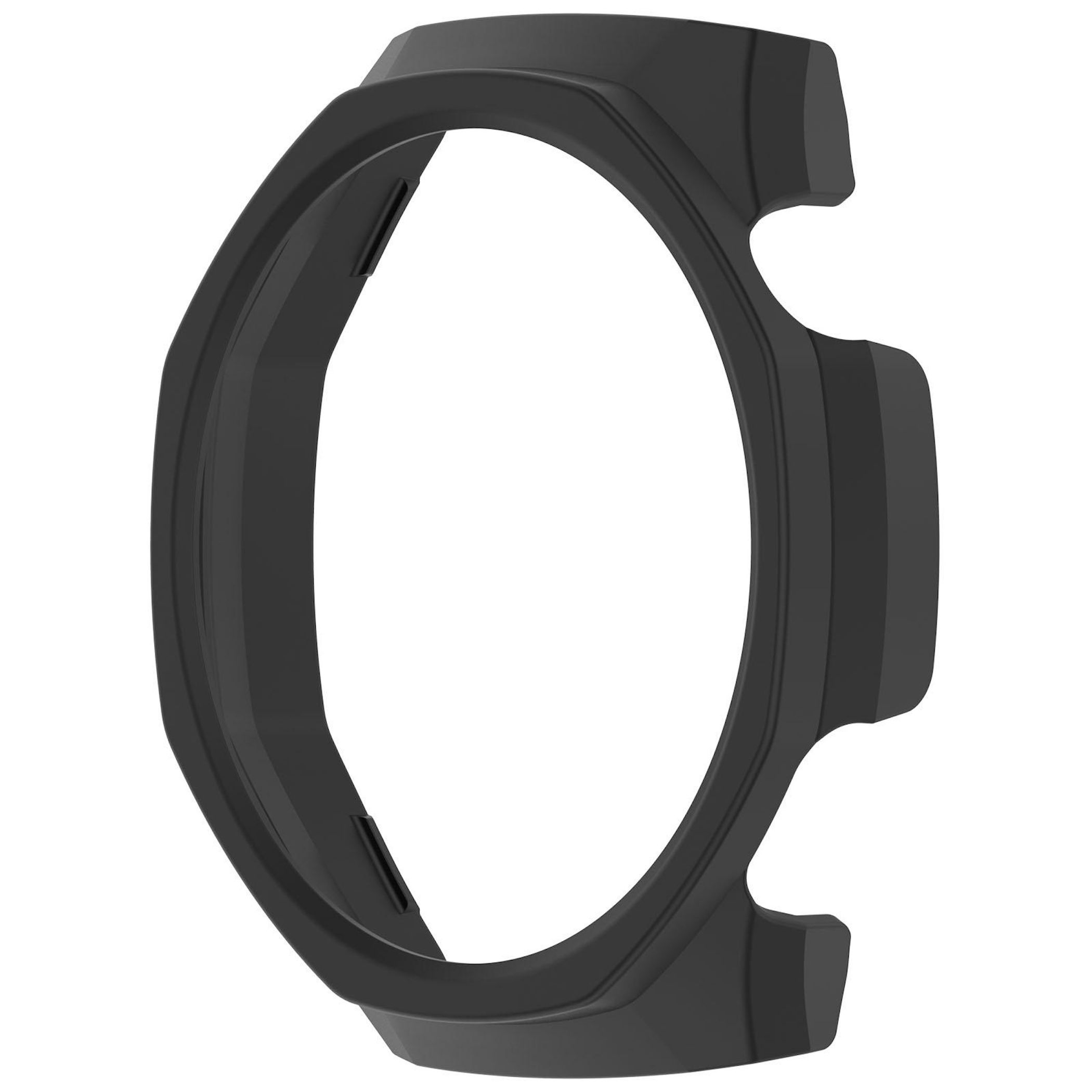 Eine schwarze Lünette, in der Mitte offen, mit geschwungenem Design und flacher Rückseite, vor weißem Hintergrund platziert.