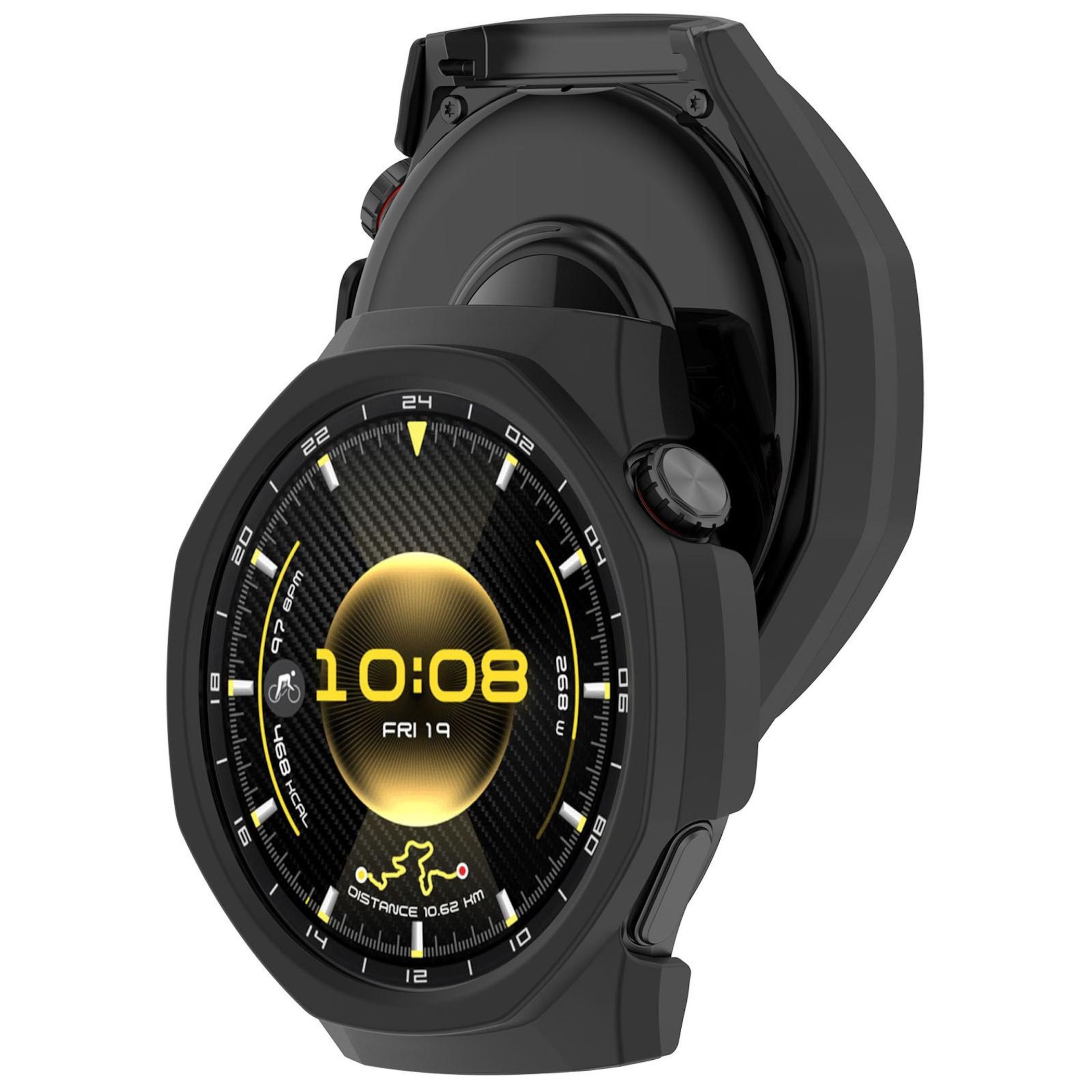 Schwarze Smartwatch zeigt Zeit, Datum, Herzfrequenz und Entfernung an. Es hat ein rundes Zifferblatt mit gelben Akzenten.