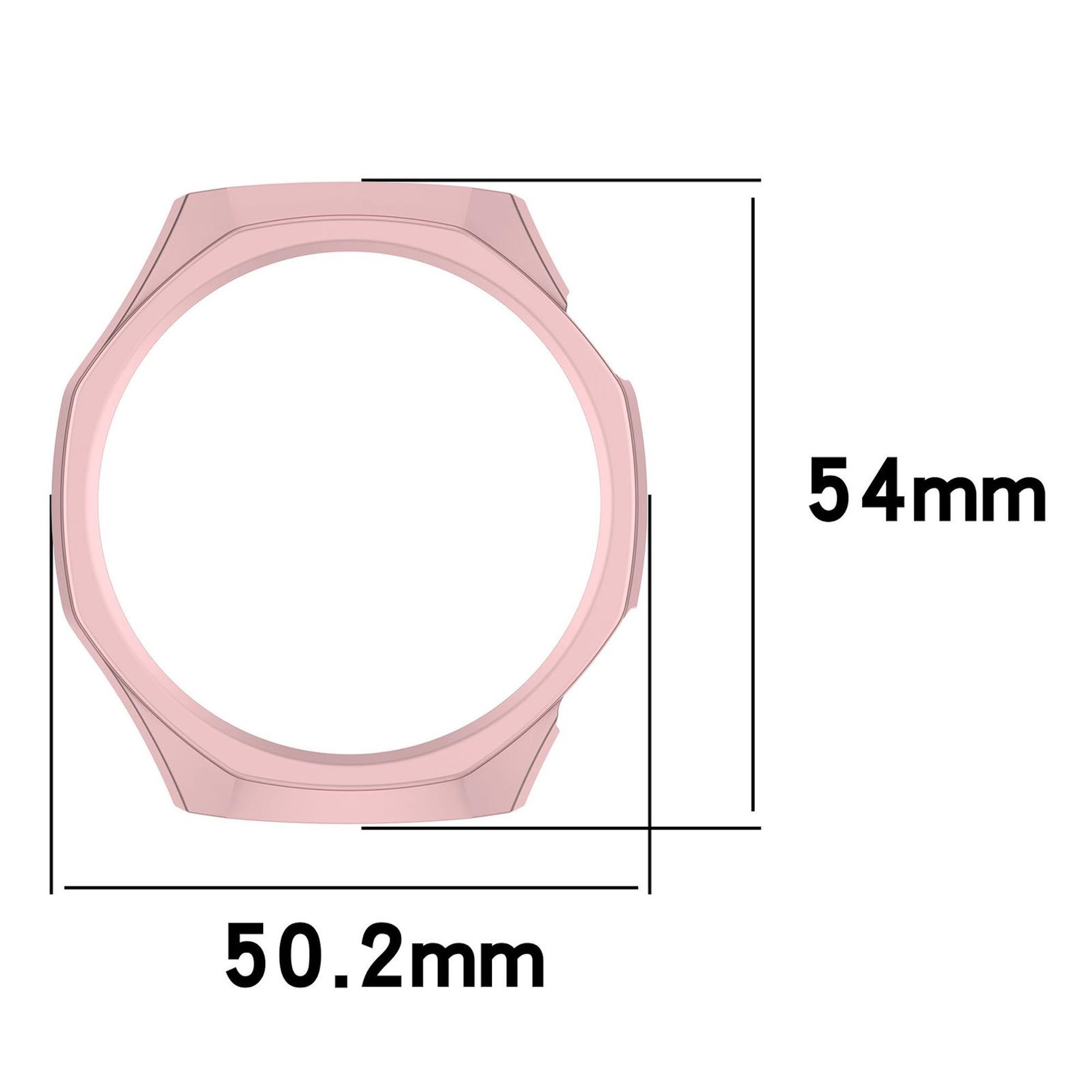 Eine hellrosa Uhrenlünette mit den Abmessungen 50,2 mm und 54 mm, vor weißem Hintergrund.