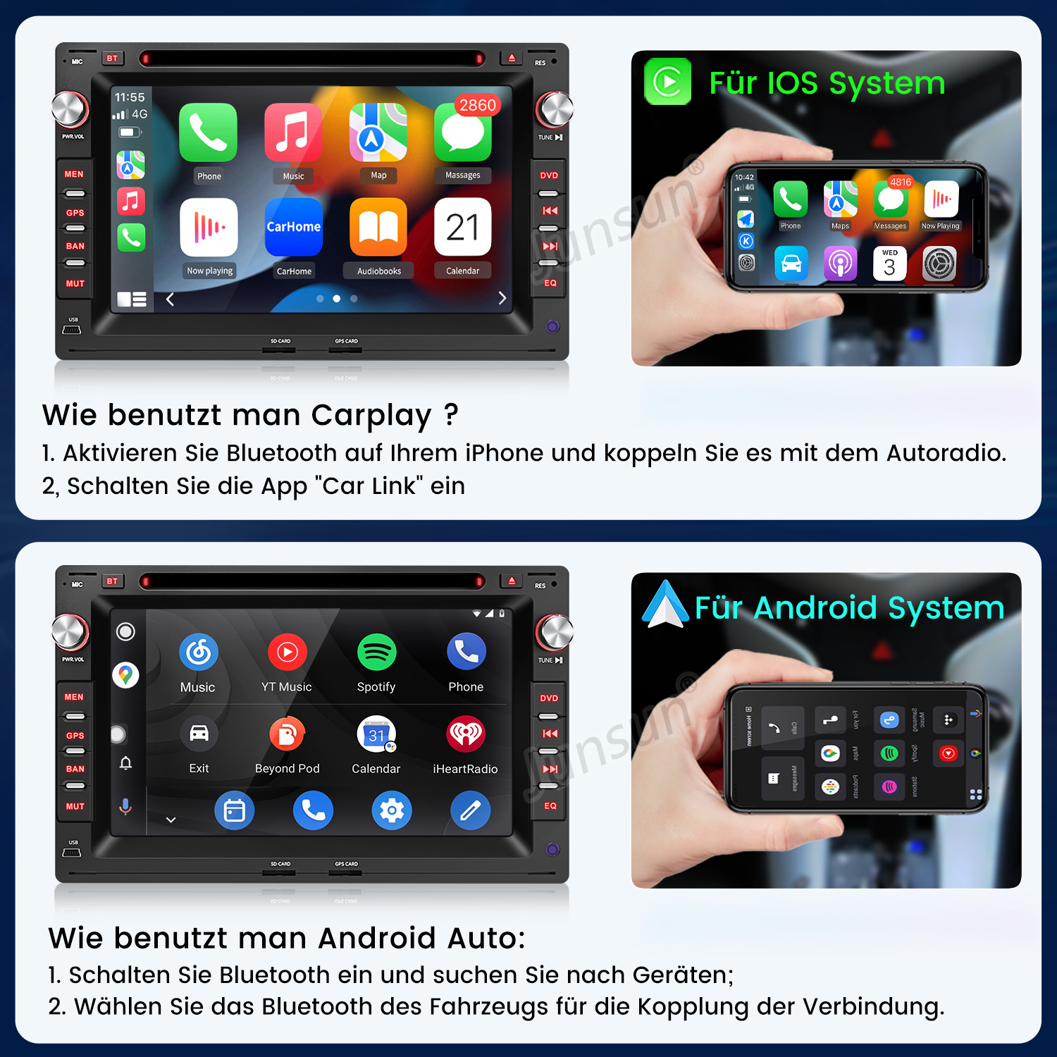 Autoradio mit App-Symbolen, Telefon und Musik. Anweisungen für iOS- und Android-Systeme werden angezeigt.