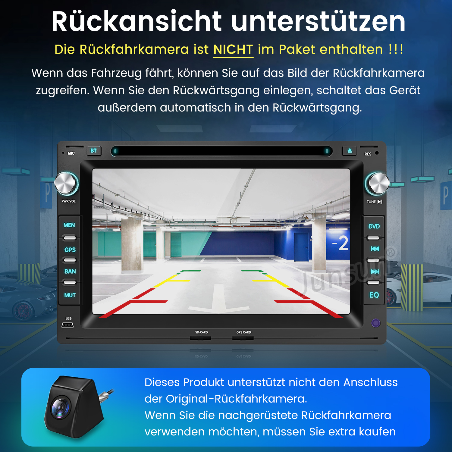Autoradio-Bildschirm zeigt Parkhausansicht mit Linien. Eine Rückfahrkamera wird separat gezeigt.