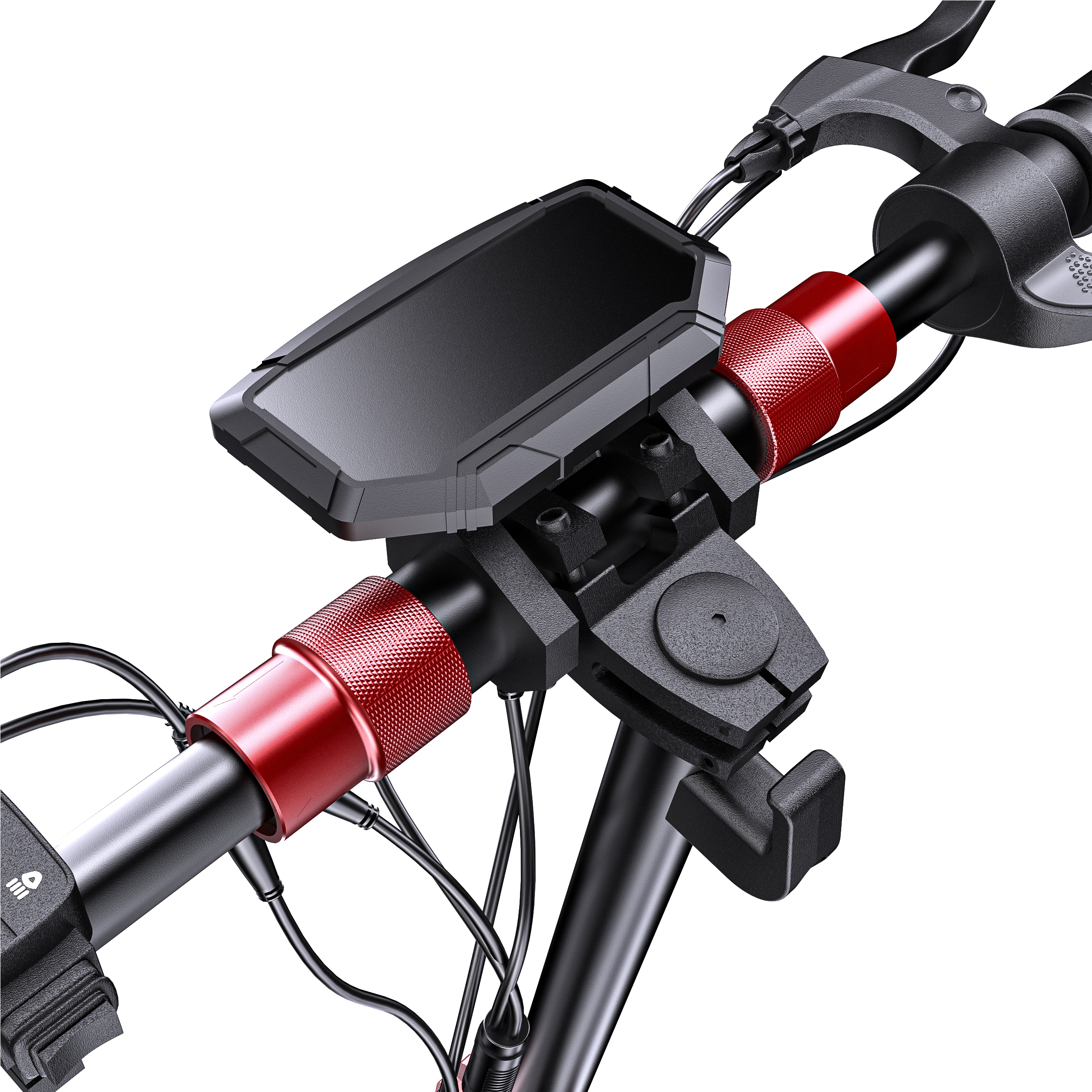 Zbliżenie czarnej kierownicy skutera z czerwonymi akcentami. Zawiera wyświetlacz, dźwignie i kable na białym tle.