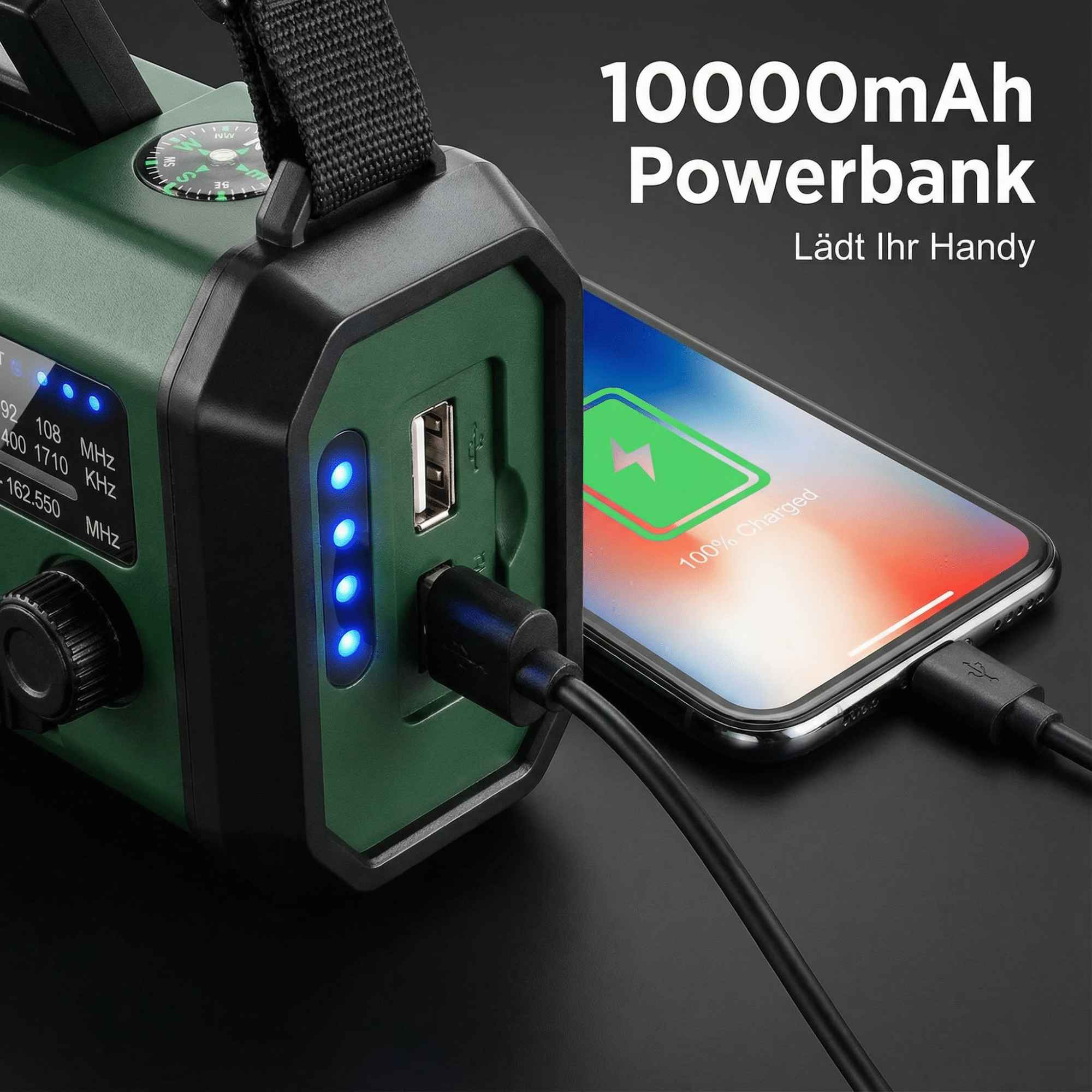 Grüne Powerbank lädt ein Telefon, zeigt 100% geladen an. Text: 10000mAh Powerbank. USB-Kabel angeschlossen.