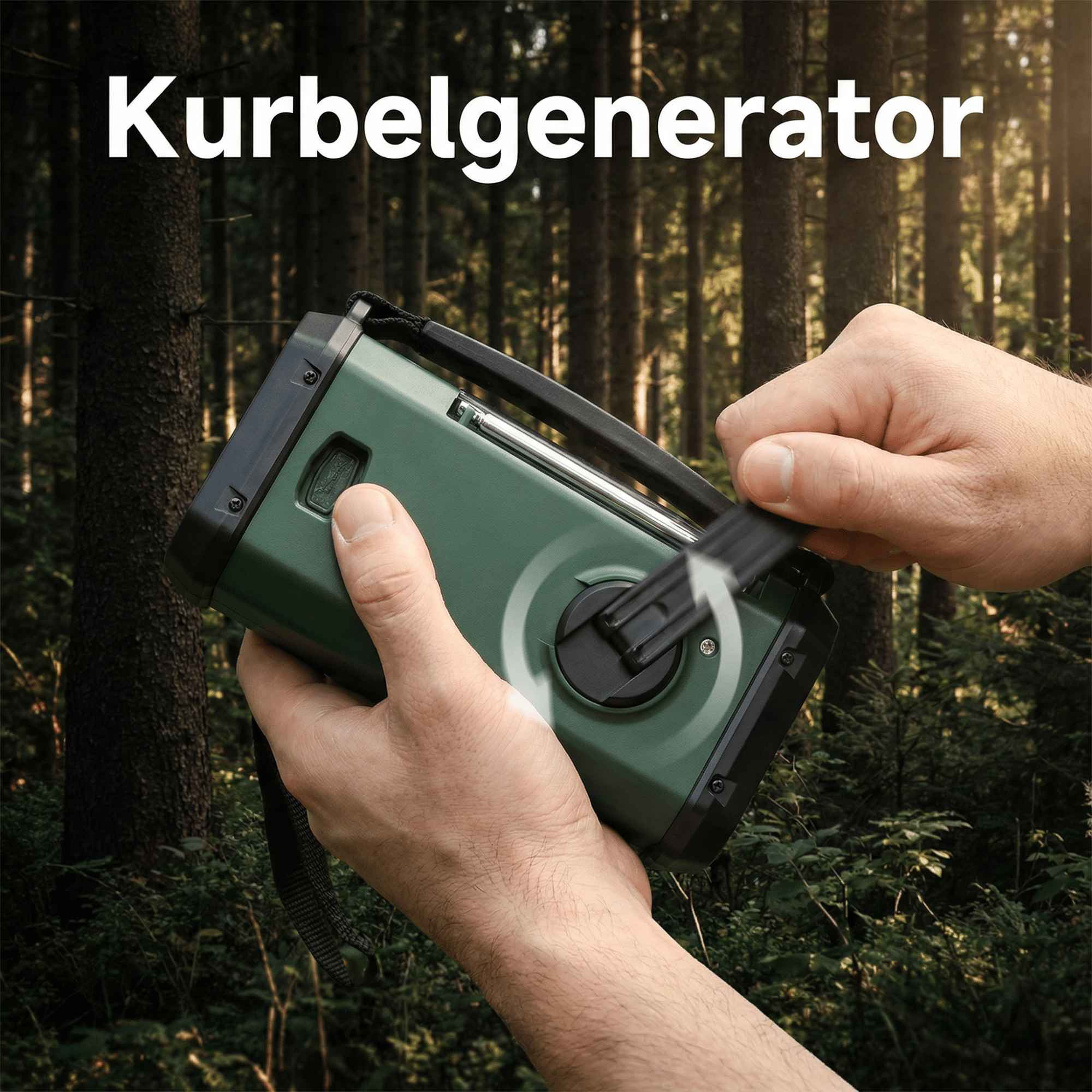 Eine Person benutzt ein grünes Handkurbelradio in einem Wald. Der Text 'Kurbelgenerator' befindet sich oben im Bild.