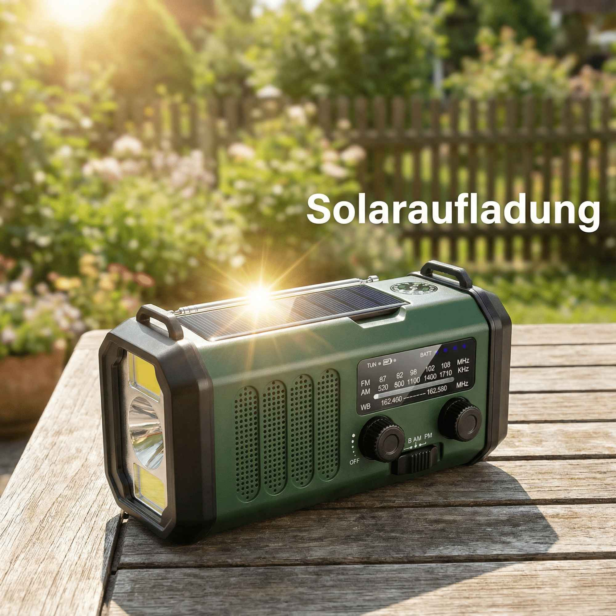 Ein grünes Radio mit Solarpanel liegt auf einem Holztisch. Der Hintergrund zeigt einen verschwommenen Garten und einen Zaun.
