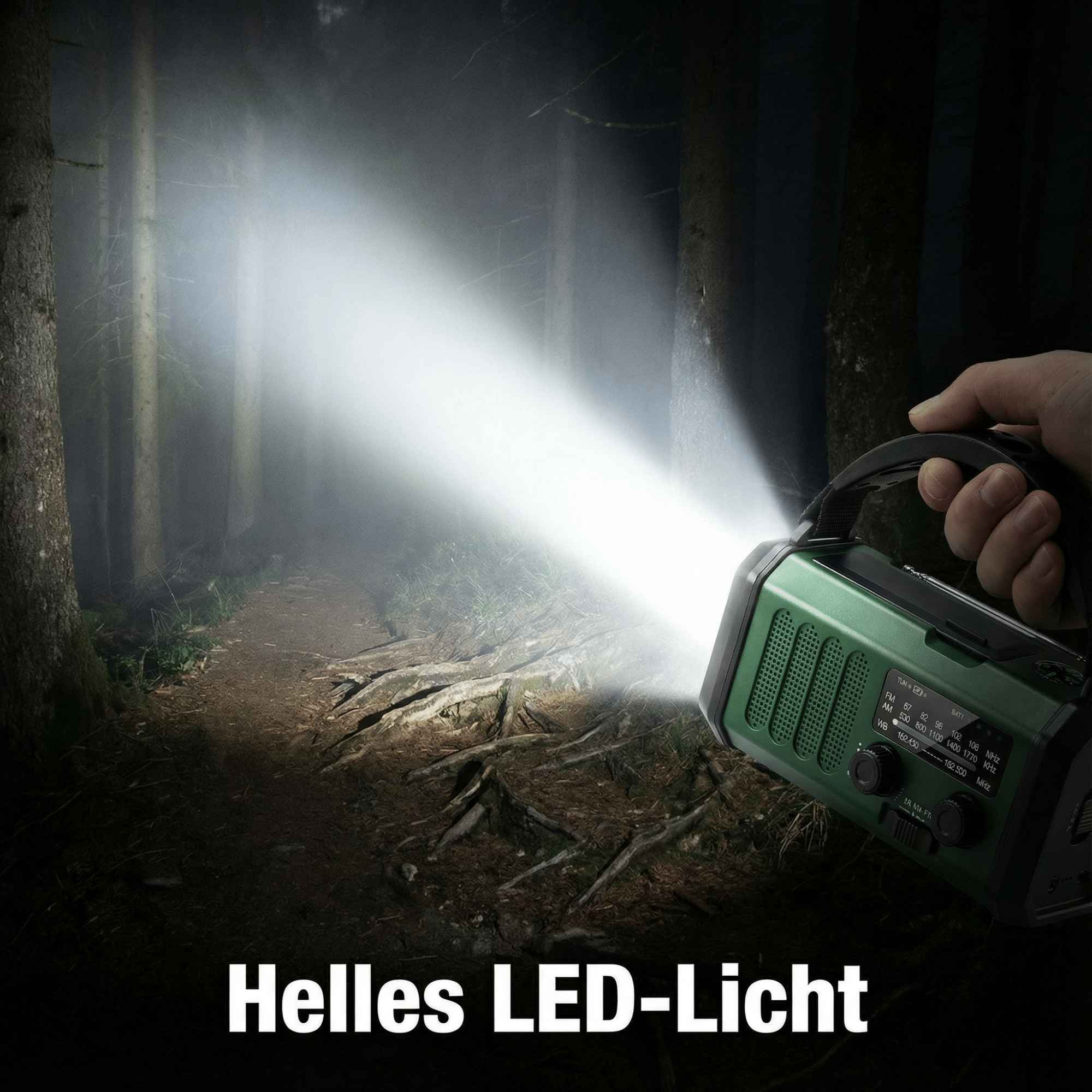 Eine Hand hält eine grüne Taschenlampe und beleuchtet einen Waldweg. Das Licht scheint hell und zeigt Bäume und Wurzeln.