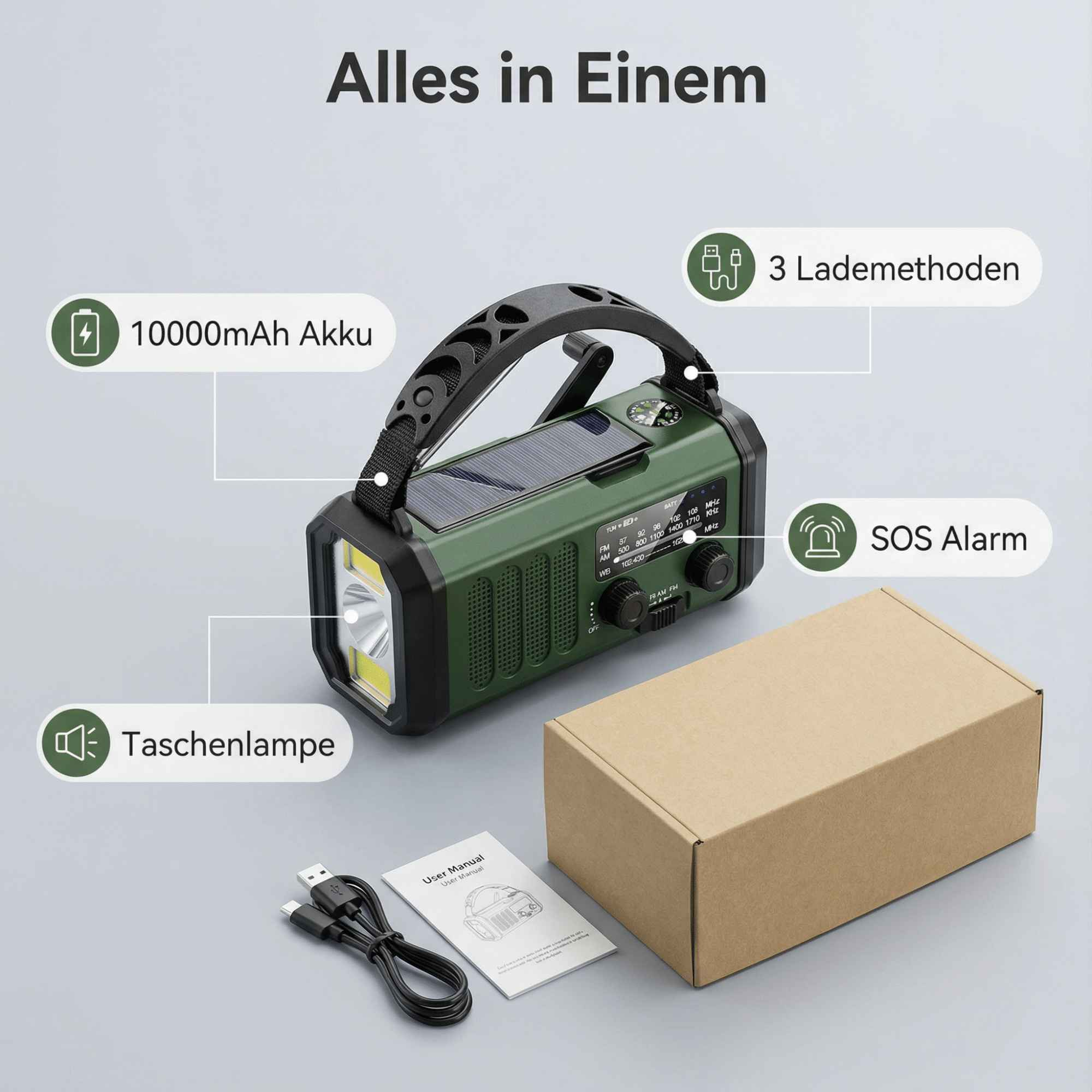 Ein grünes Multitool mit Taschenlampe, Solarpanel und Radio liegt mit einer Box, Kabeln und einer Anleitung auf einem Tisch.