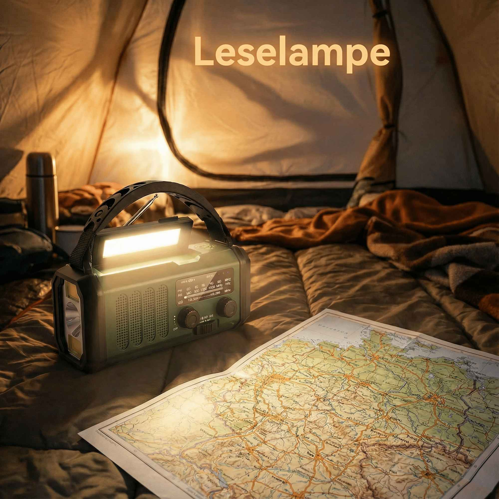 Eine Campingszene mit Radio, Karte und Zelt. Ein Licht beleuchtet die Objekte. Das Wort 'Leselampe' ist sichtbar.