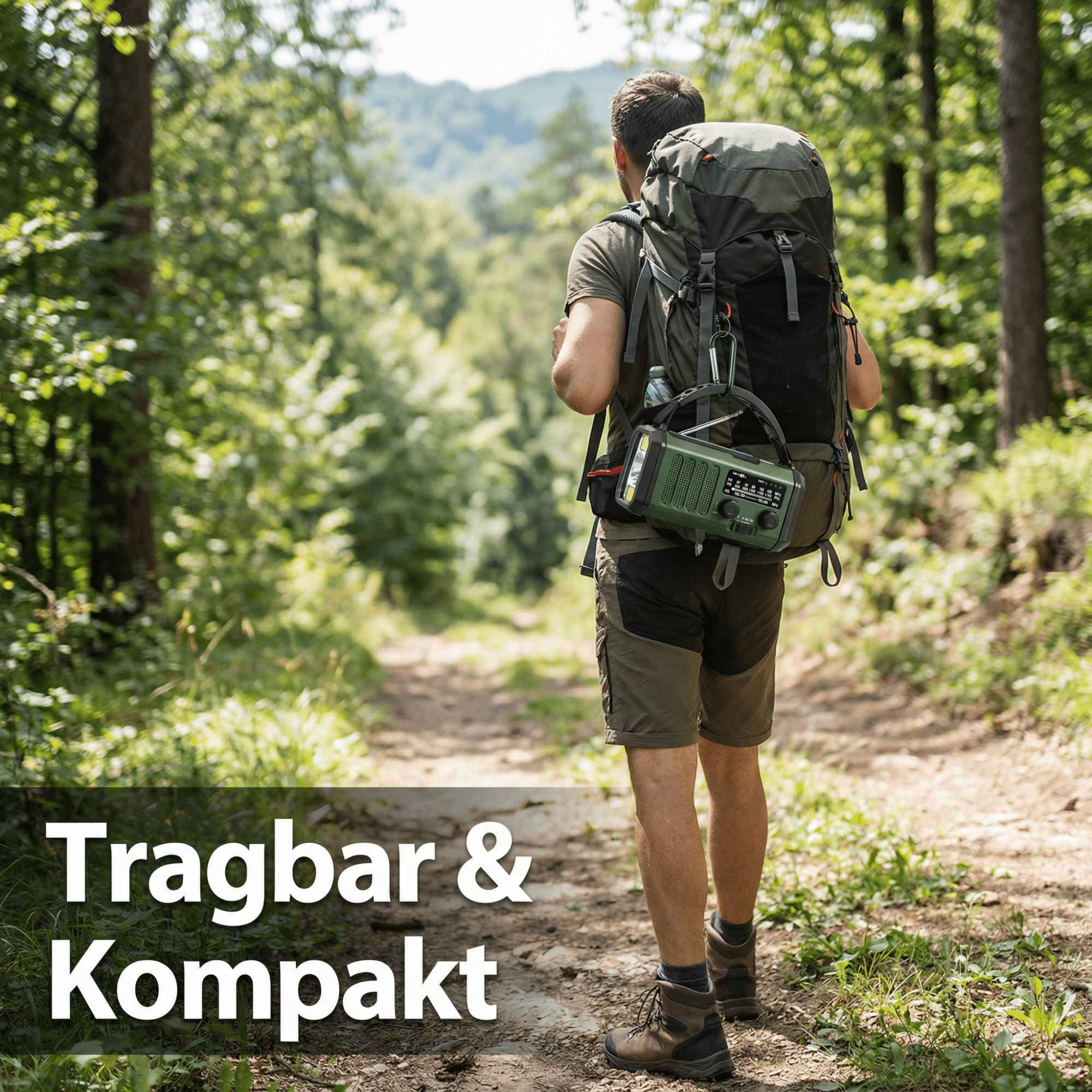Ein Mann wandert auf einem Pfad im Wald mit einem Rucksack und trägt ein Radio. Die Szene ist hell mit Bäumen im Hintergrund.