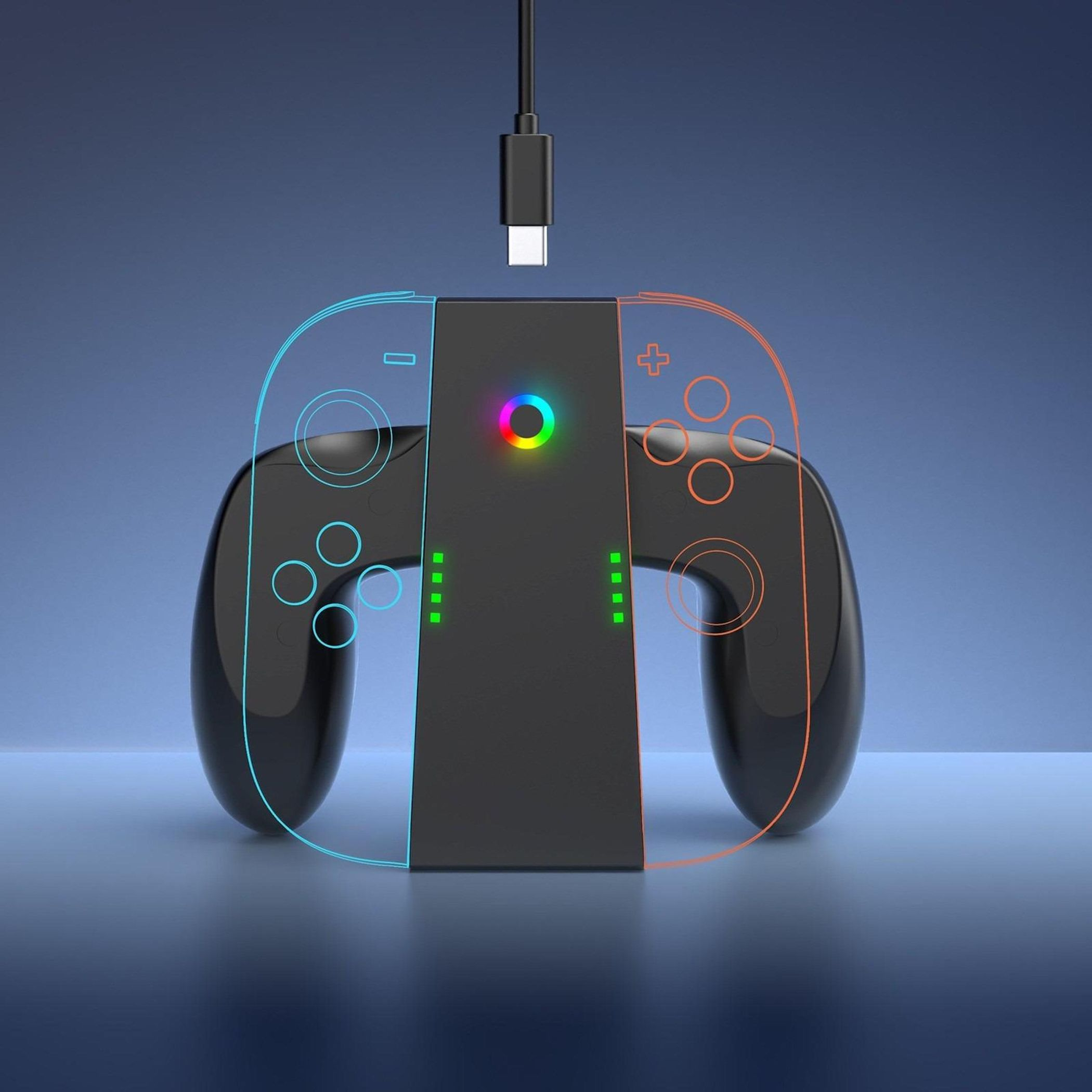 Eine schwarze Ladestation für Gamecontroller mit zwei blau und orange umrandeten Controllern und einem Ladekabel.