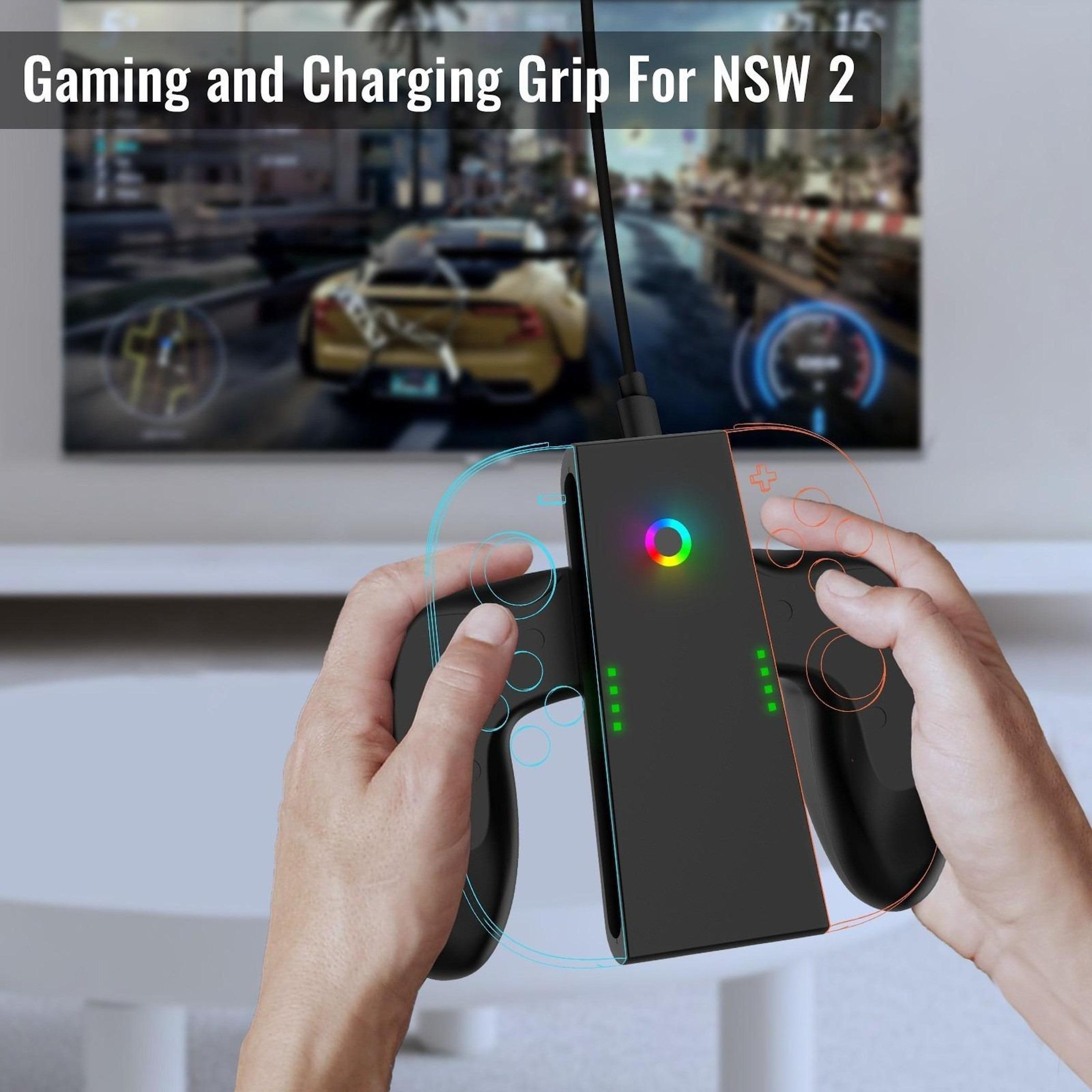 Hände halten einen schwarzen Gaming-Griff. Ein Bildschirm zeigt ein Autorennen. Der Griff hat Lade- und LED-Funktionen.