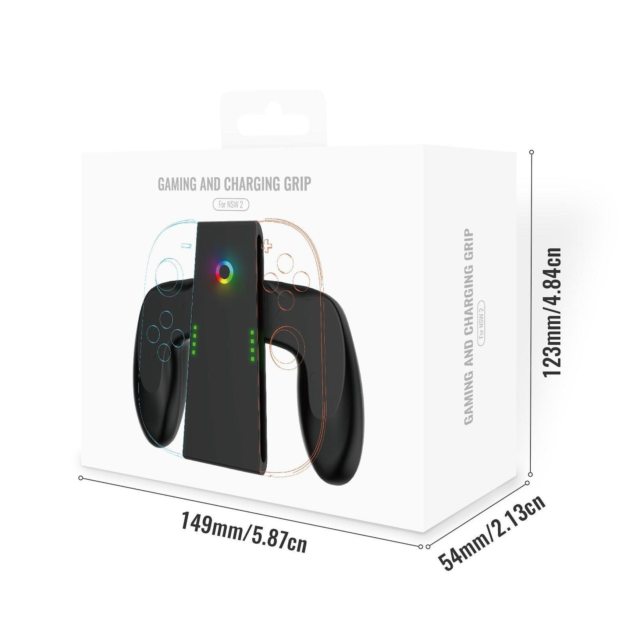 Ein Gaming-Griff für die NSW 2, schwarz mit bunten Lichtern. Die Box hat Maße.
