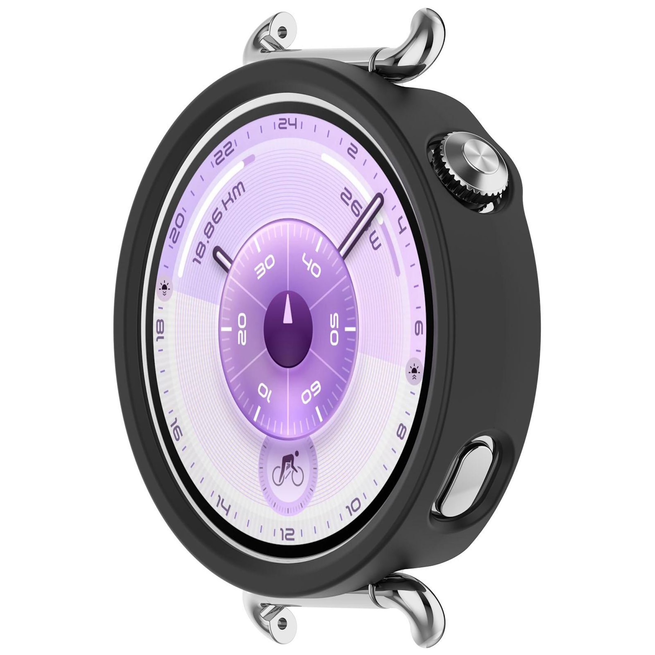 Nahaufnahme einer Smartwatch mit schwarzem Gehäuse und lila-weißem Zifferblatt, das Zeit- und Aktivitätsdaten anzeigt.