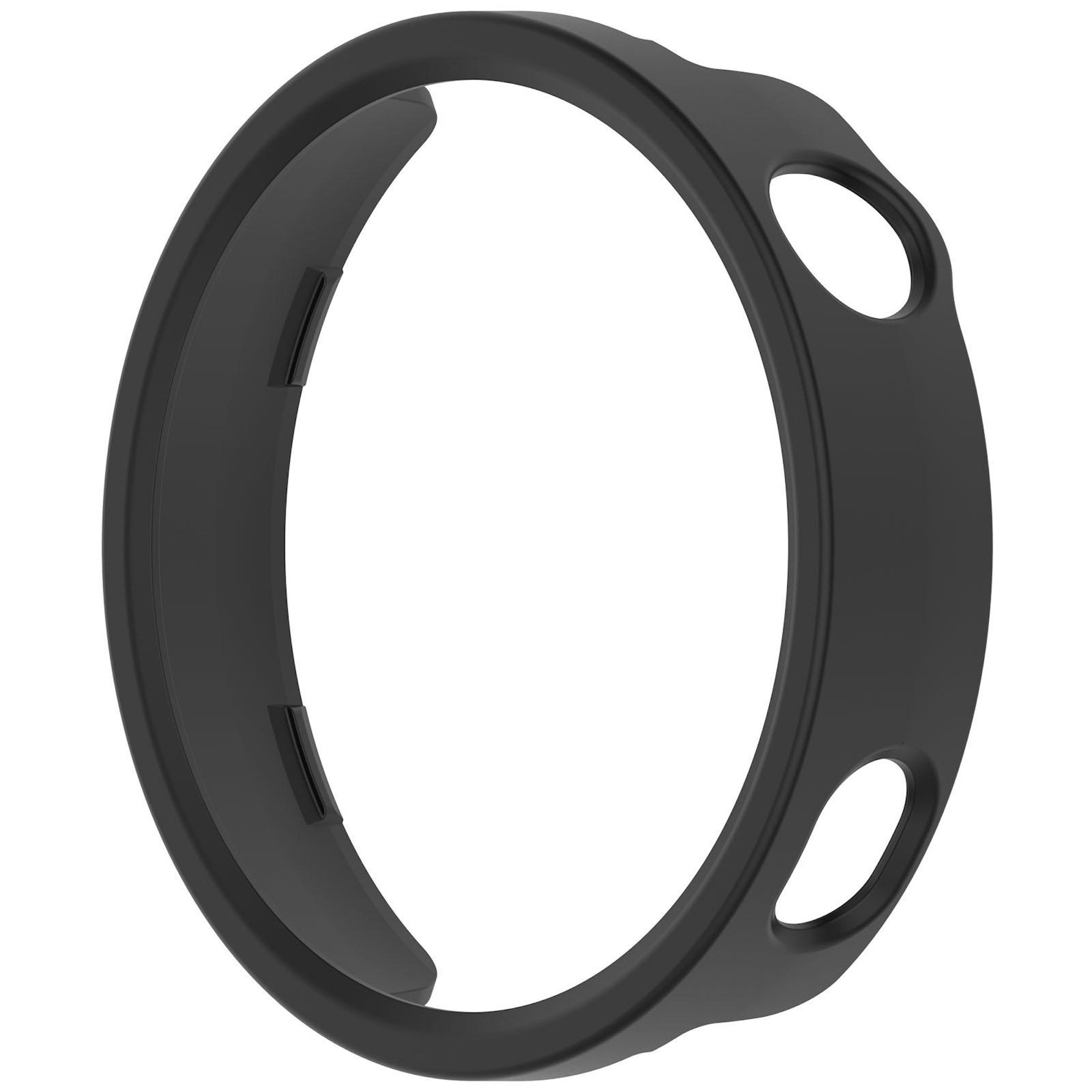 Eine schwarze, kreisförmige Schutzhülle mit zwei Löchern, wahrscheinlich für eine Uhr oder ein ähnliches Gerät.