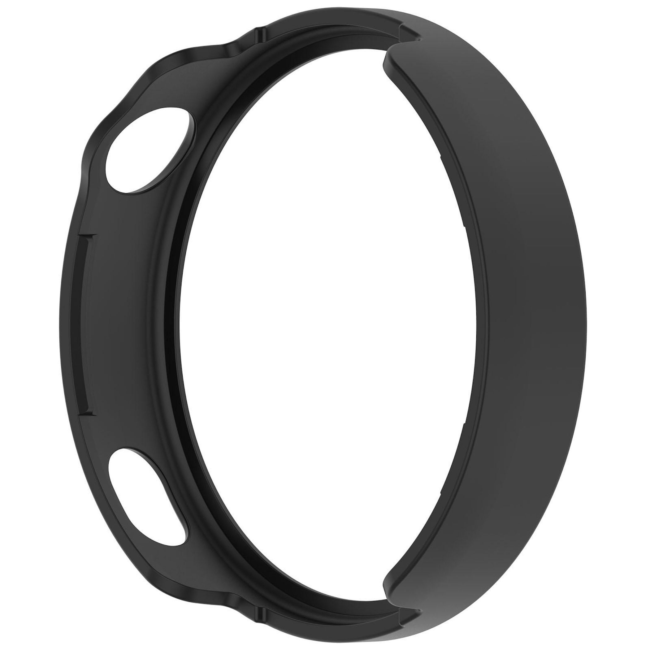 Eine schwarze Lünette mit zwei ovalen Löchern und einem geschwungenen Design, vor weißem Hintergrund.