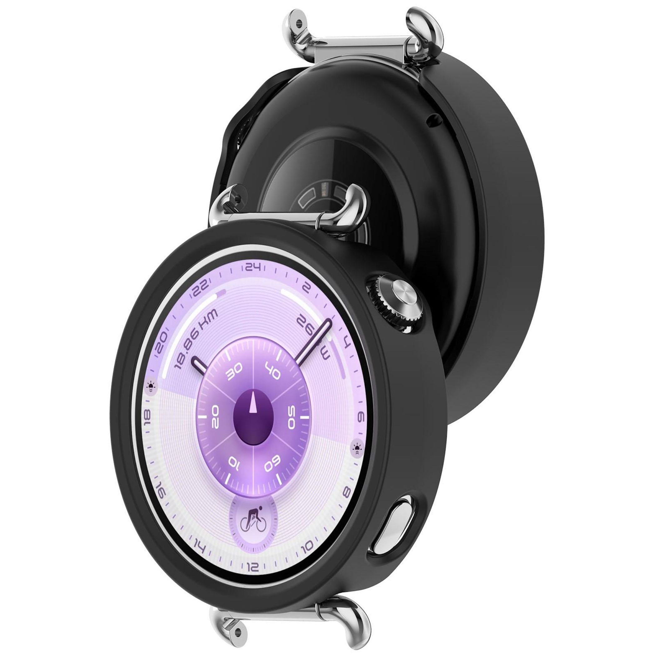 Eine schwarze Smartwatch mit lila Display, das Zeit und Distanz anzeigt. Silberne Metallverschlüsse sichern die Uhr.