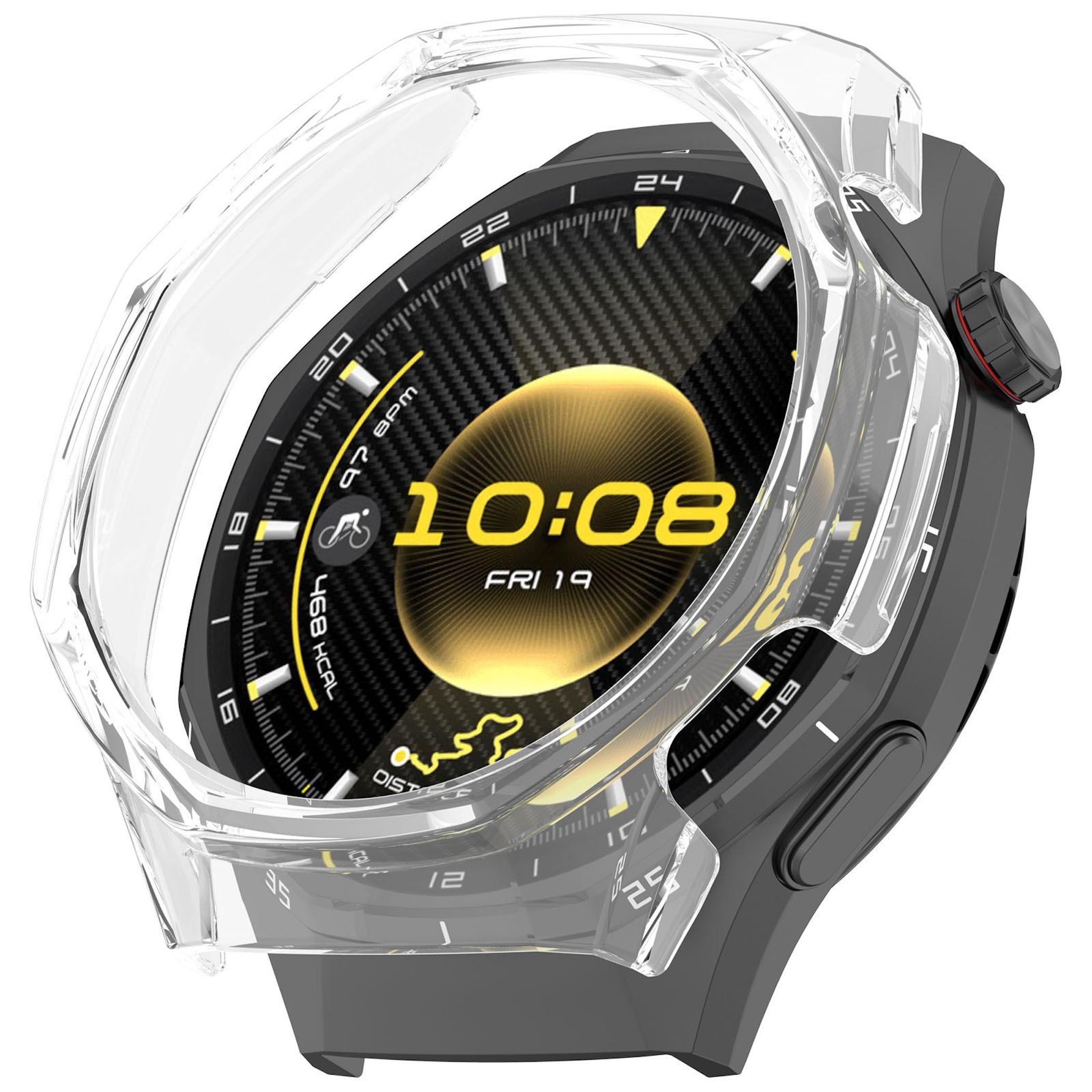 Uno smartwatch con custodia trasparente. Il quadrante mostra ora, data e metriche di salute.