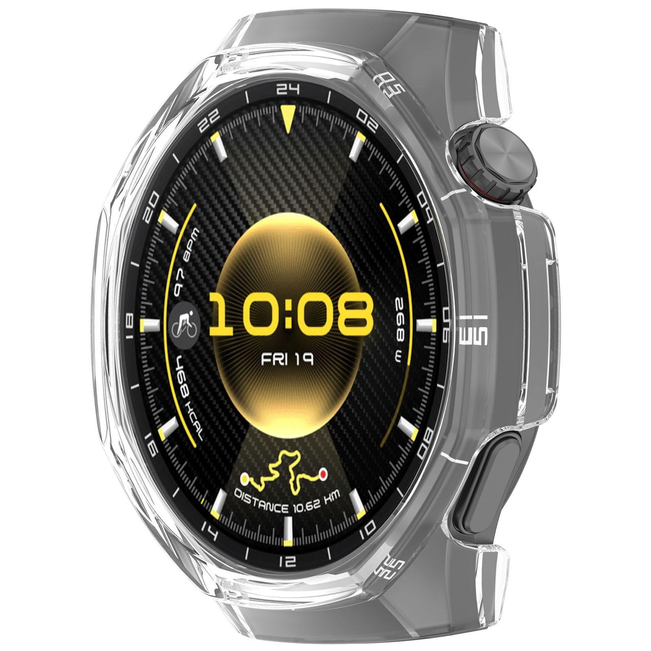 Uno smartwatch trasparente mostra ora, data e metriche di fitness come distanza e calorie. L'orologio ha un quadrante nero e un corpo grigio.