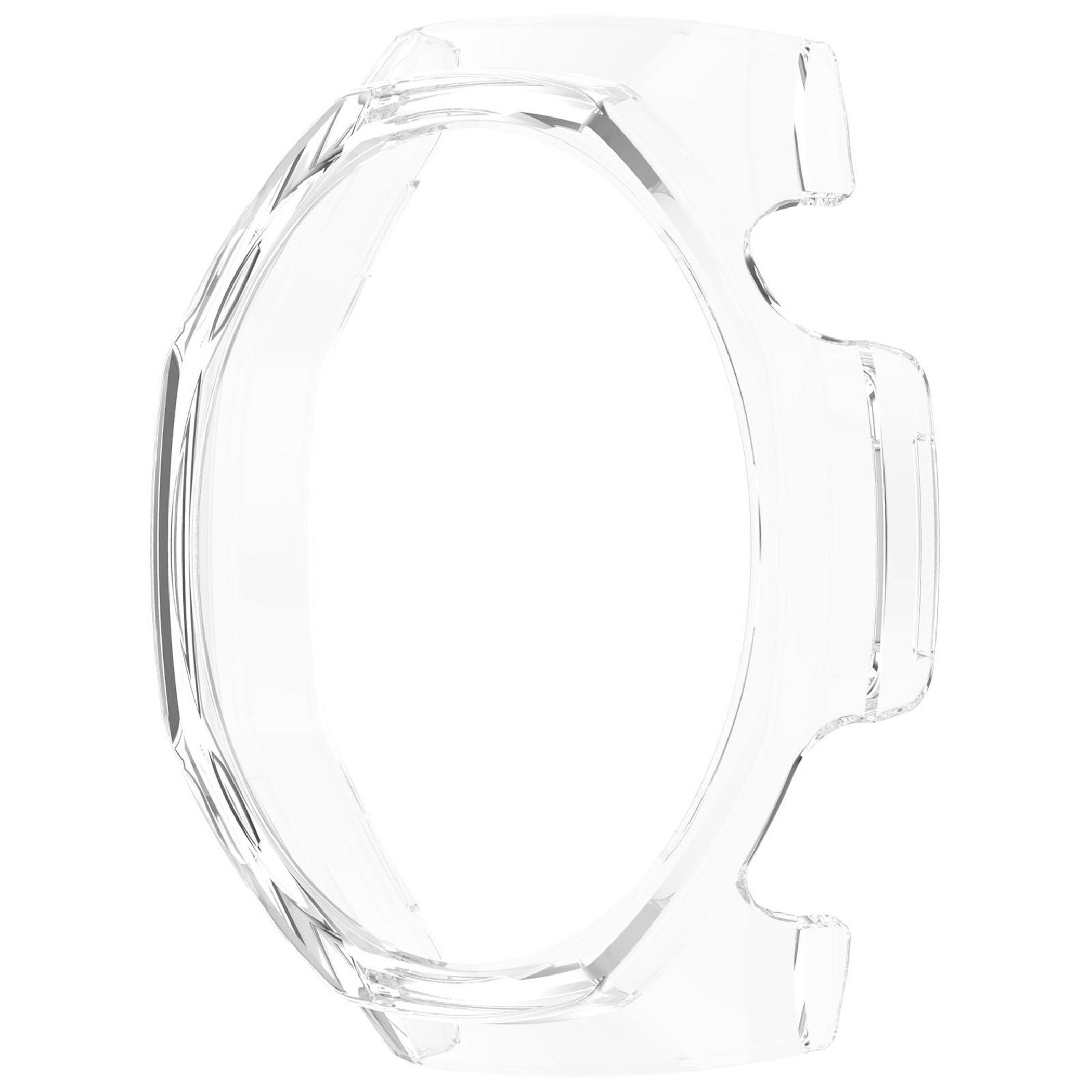 Una custodia per orologio trasparente e trasparente. Ha una forma ovale con ritagli e una superficie liscia e riflettente.