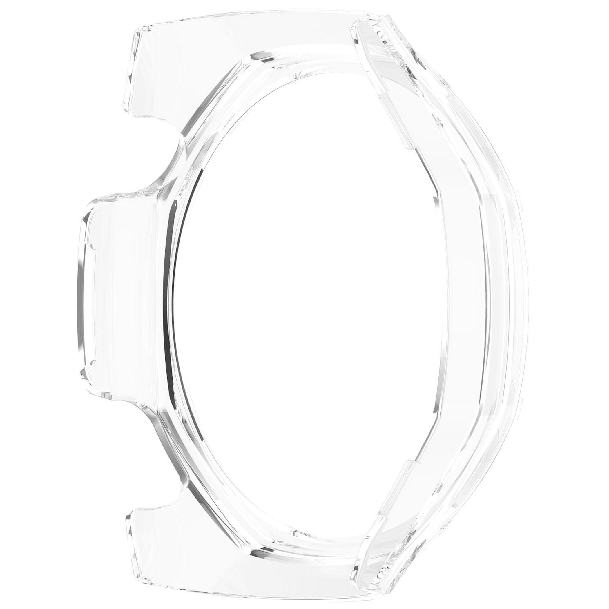 Una custodia protettiva in plastica trasparente. È un design trasparente e aperto, con una forma curva e uno sfondo bianco.