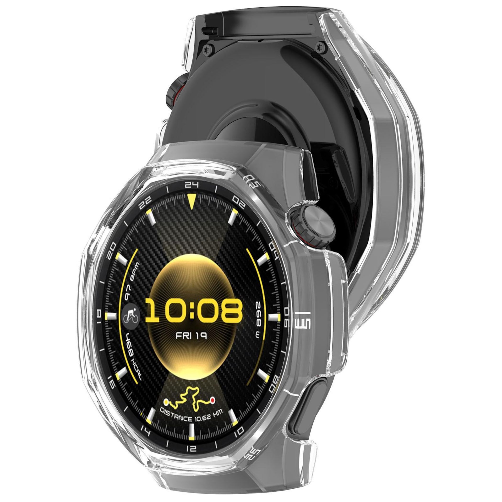 Smartwatch con cover protettiva trasparente. Il quadrante mostra ora, data e metriche di salute.
