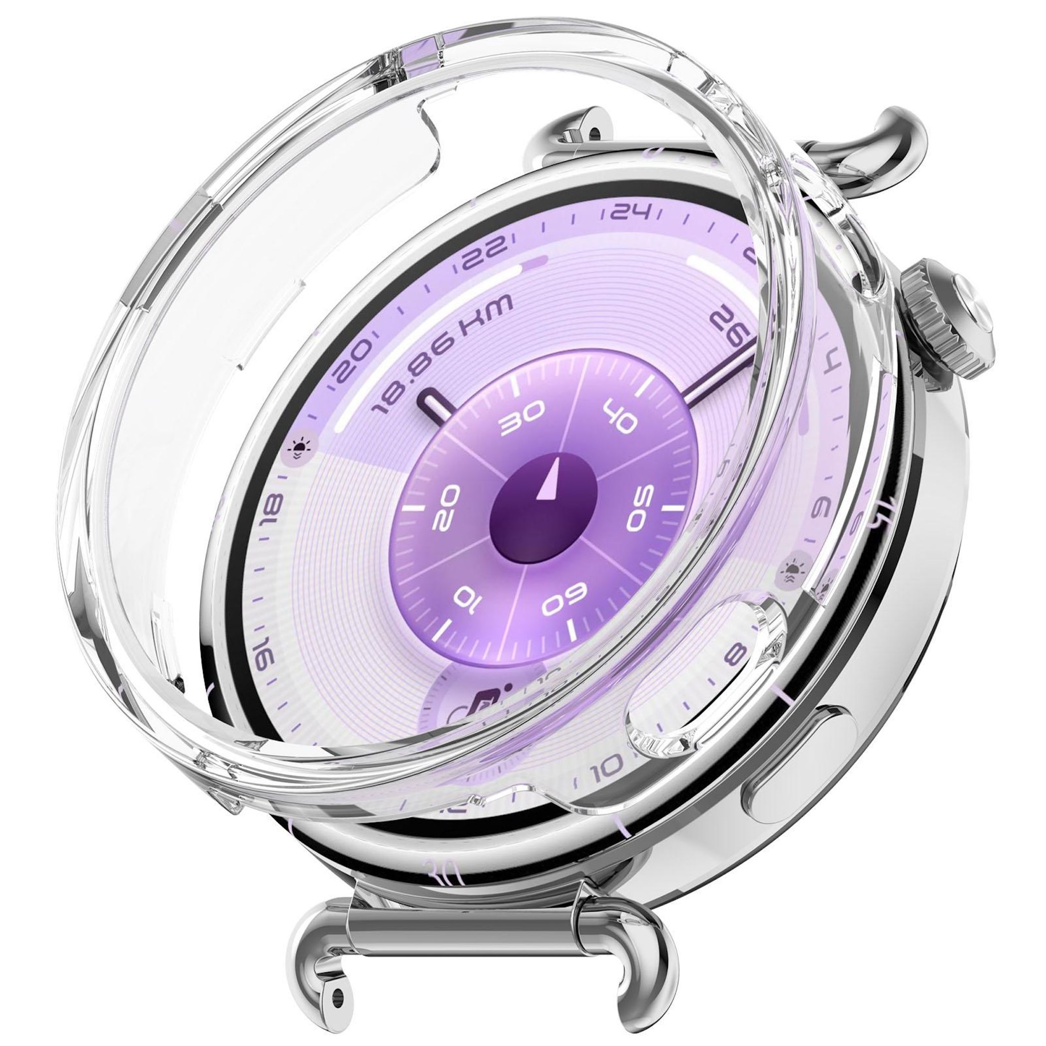Eine silberne Smartwatch mit transparentem Schutz. Das Zifferblatt ist lila mit weißen Markierungen. Die Uhr ist auf weißem Hintergrund.