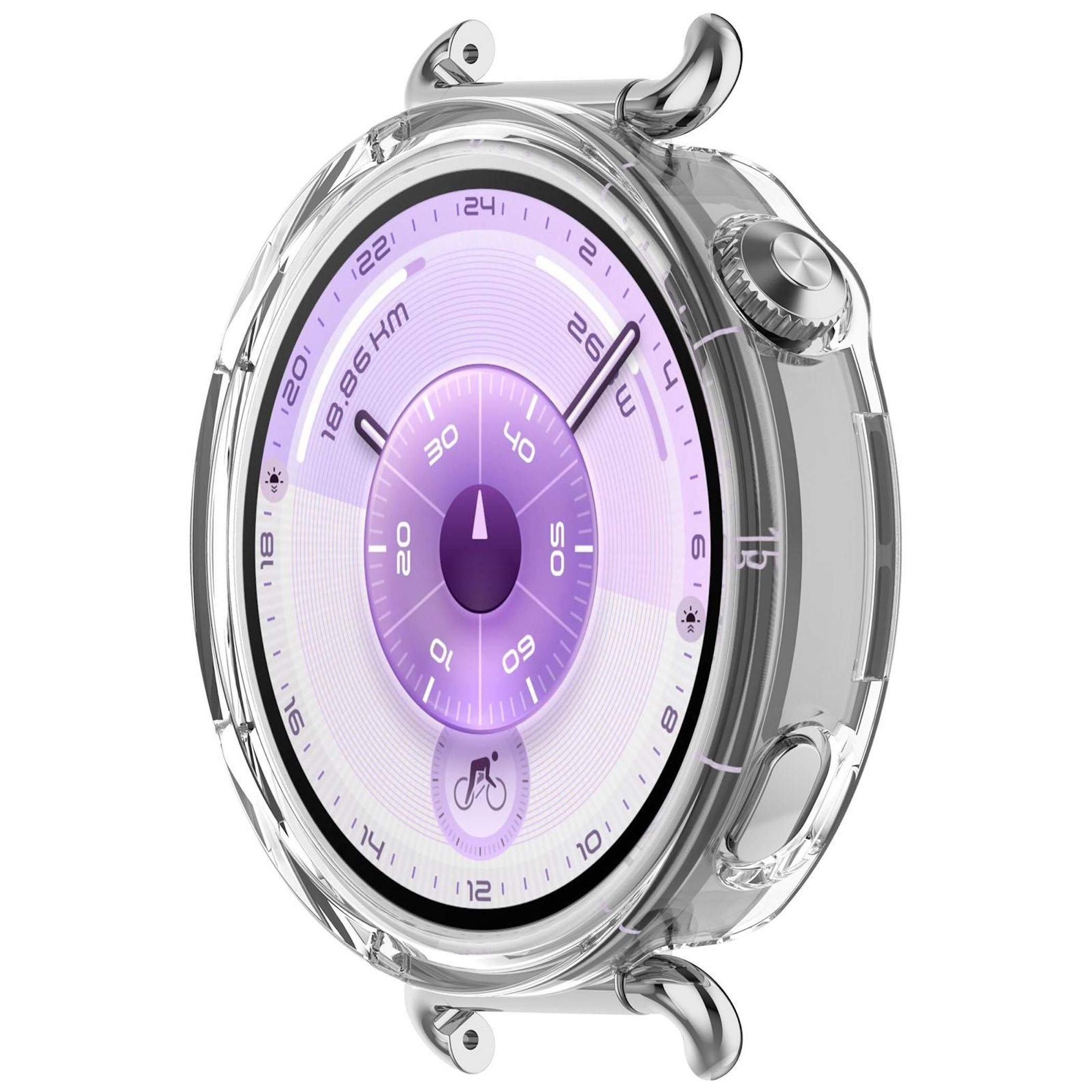 Eine Smartwatch mit transparentem Gehäuse zeigt ein lila Display mit Zahlen und einem Fahrradsymbol. Die Uhr ist silber.