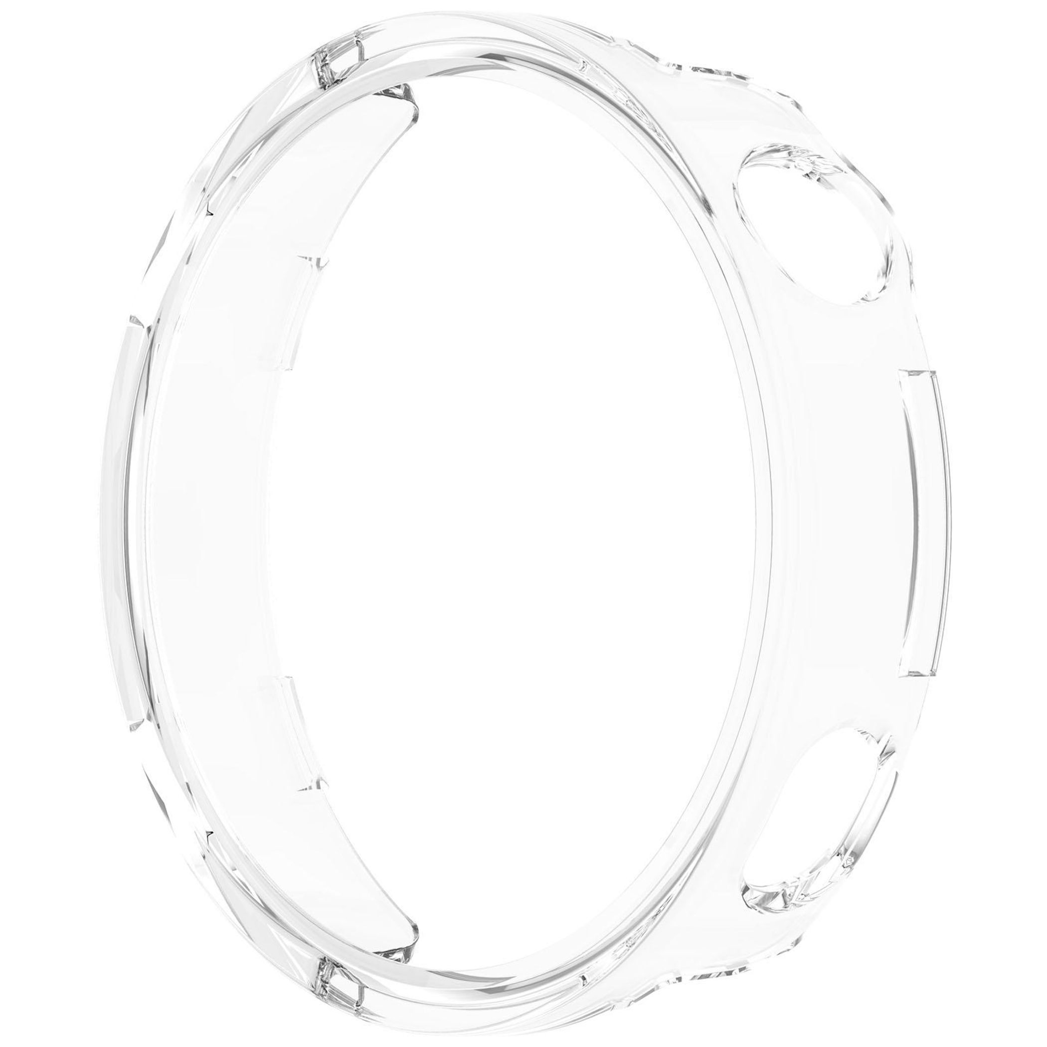 Transparente, kreisförmige Uhrenhülle. Sie hat ein transparentes Design mit Aussparungen für Knöpfe und eine glatte, reflektierende Oberfläche.