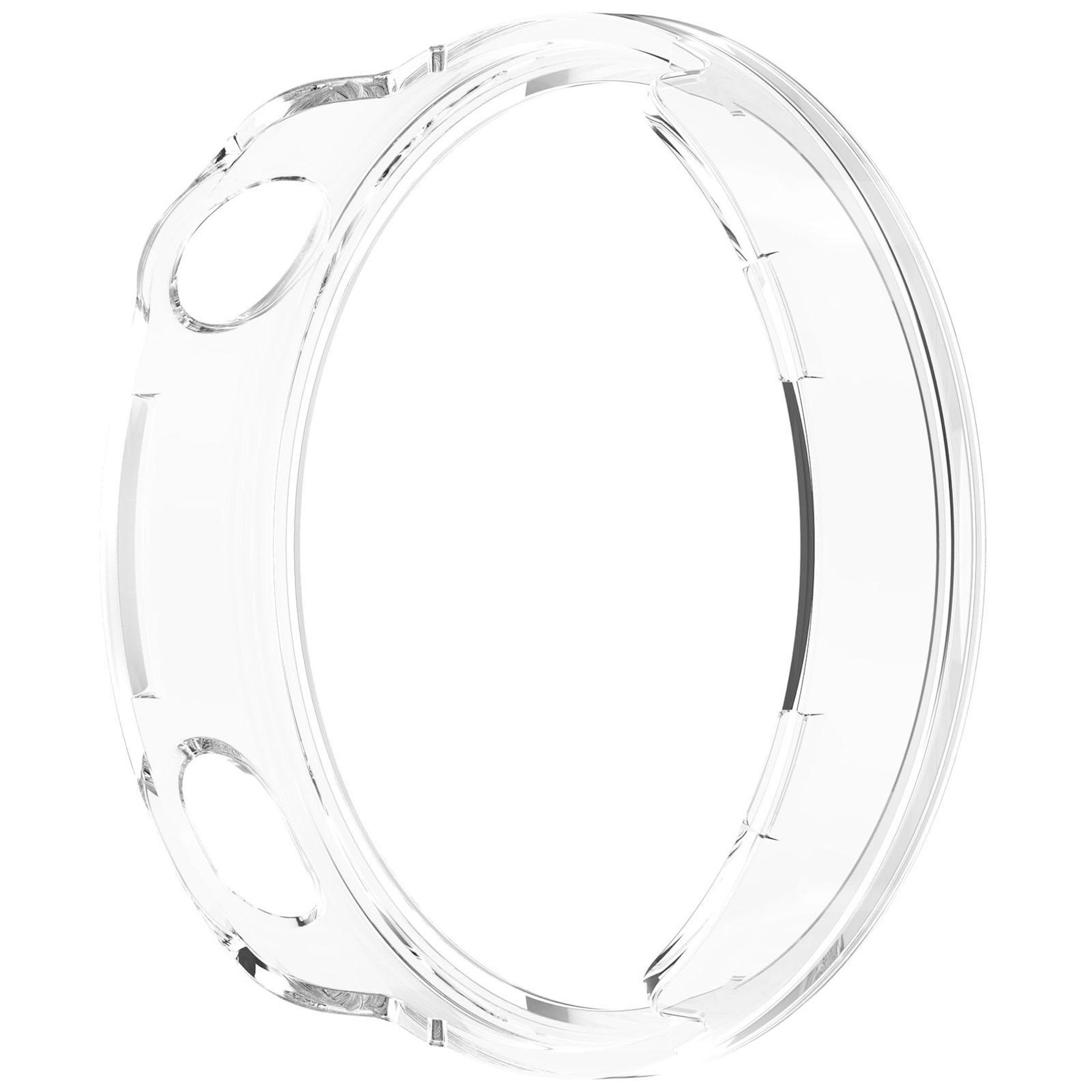 Eine transparente Kunststoff-Uhrenhülle. Sie hat zwei Löcher und ist kreisförmig, um die Uhr zu schützen.