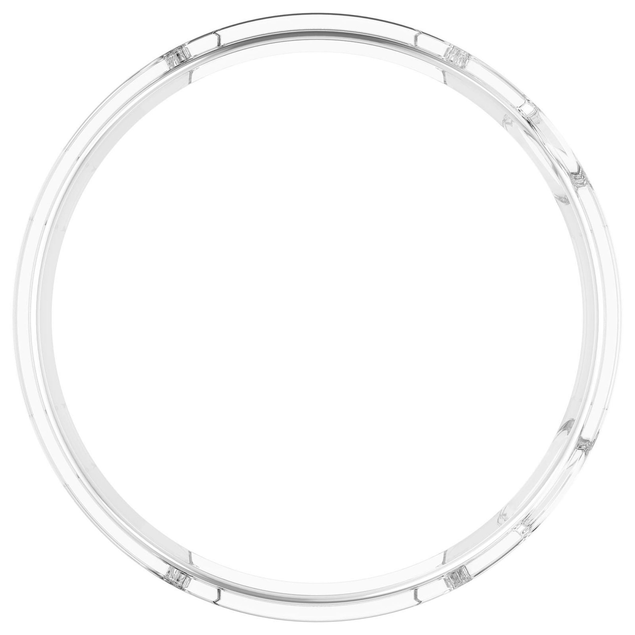 Ein klares, transparentes ringförmiges Objekt mit weißem Hintergrund. Der Ring hat ein reflektierendes, glasartiges Aussehen.