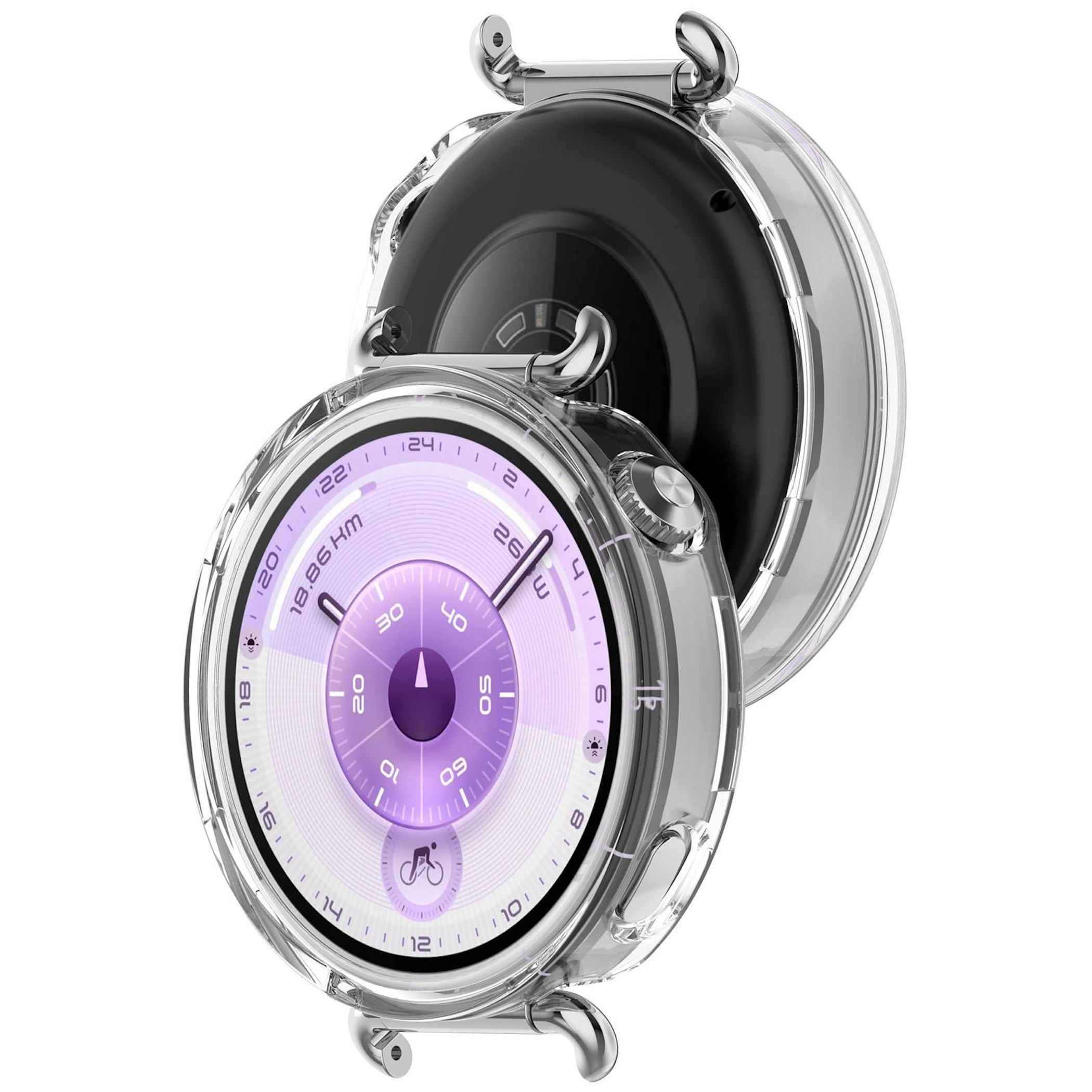 Eine Smartwatch mit transparentem Gehäuse. Das Zifferblatt ist lila und weiß und zeigt Zeit und Gesundheitsdaten.