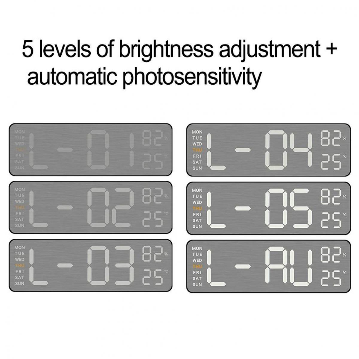 Das Bild zeigt digitale Anzeigen mit Zeit, Temperatur und Helligkeitsstufen. Text zeigt 5 Helligkeitsstufen und automatische Lichtempfindlichkeit.