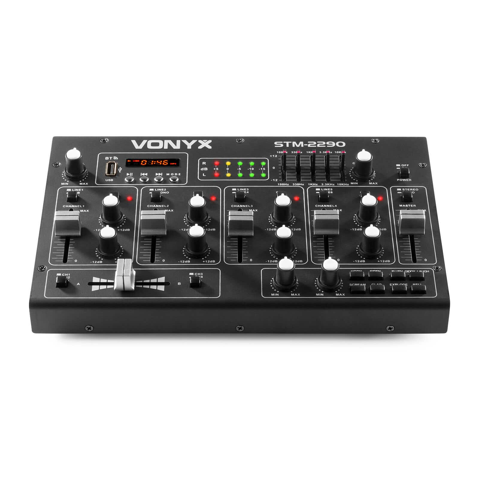 Una mesa de mezclas DJ Vonyx STM-2290 negra con perillas, deslizadores y botones. Tiene una pantalla y varias opciones de entrada/salida.