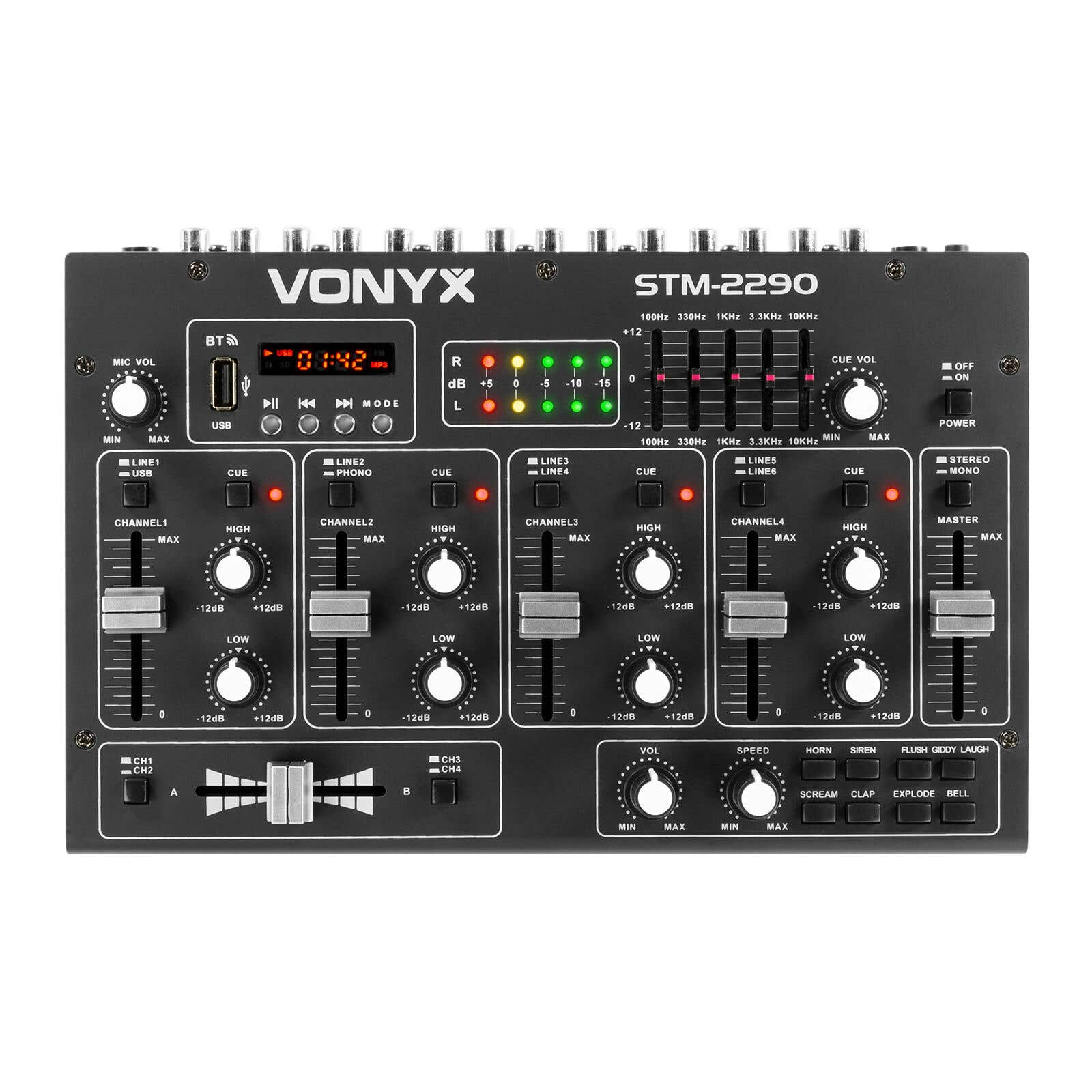 Mezclador de audio negro con numerosas perillas, deslizadores y botones, incluyendo control de volumen y canales.