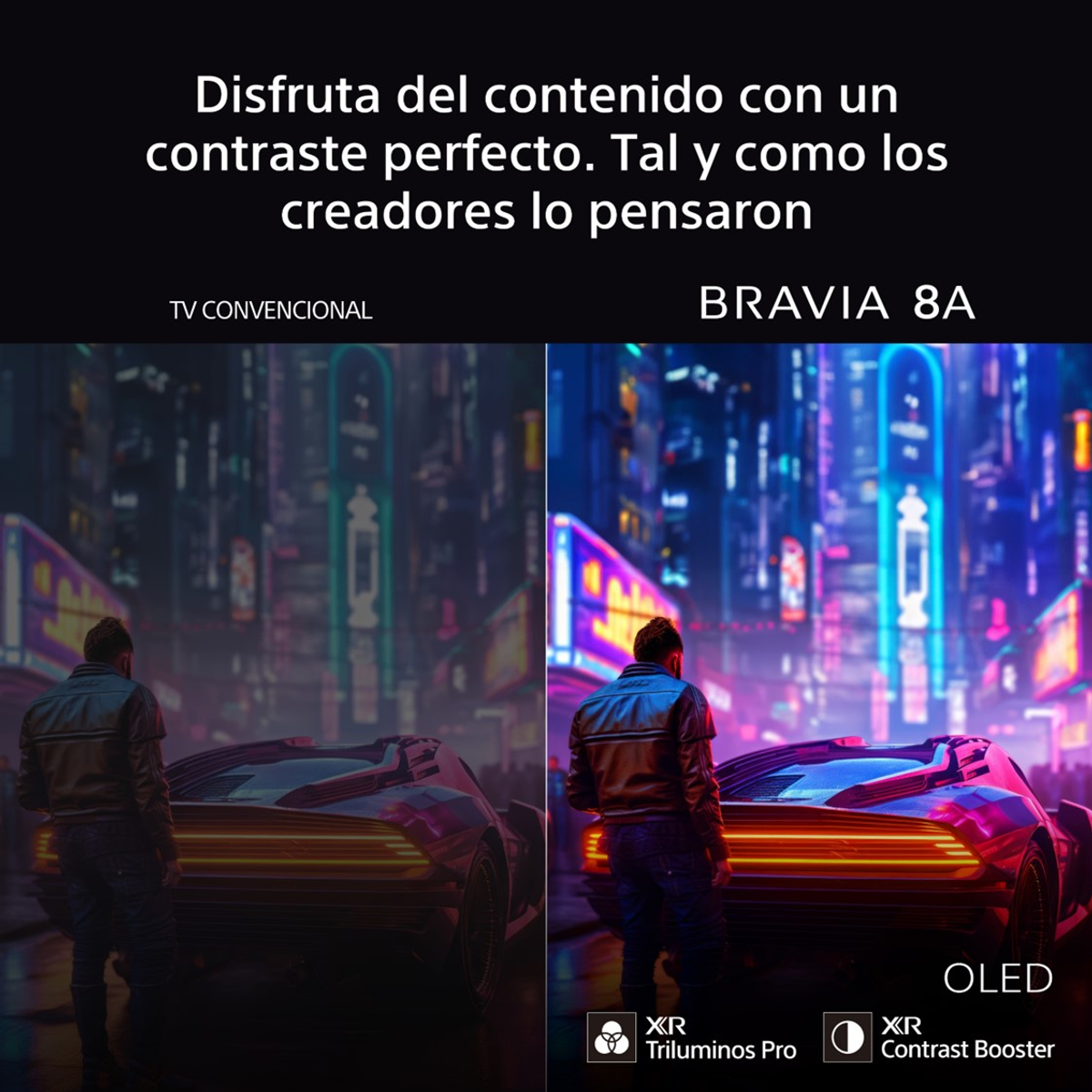 Obrazek pokazuje porównanie ekranu telewizora z dwoma wyświetlaczami. Prawy jest jaśniejszy z osobą patrzącą na samochód.