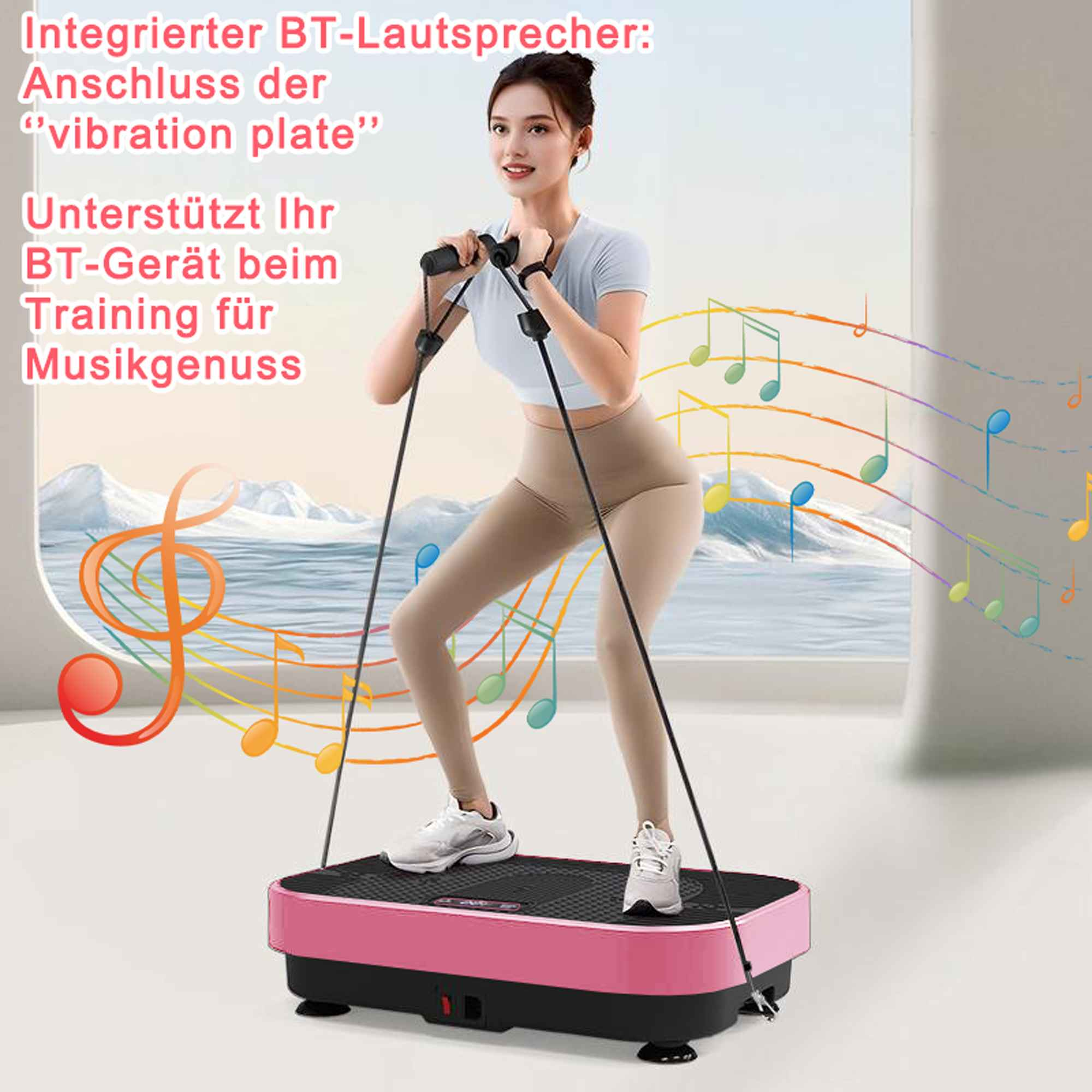 Frau trainiert auf einer rosa Vibrationsplatte und hält Griffe. Musiknoten sind im Hintergrund.
