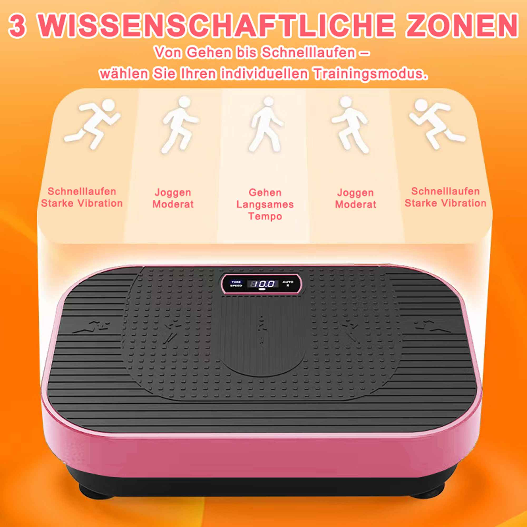 Fitnessplattform mit Trainingsmodi. Enthält Geh-, Jogging- und Laufoptionen. Rosa Rahmen mit digitaler Anzeige.